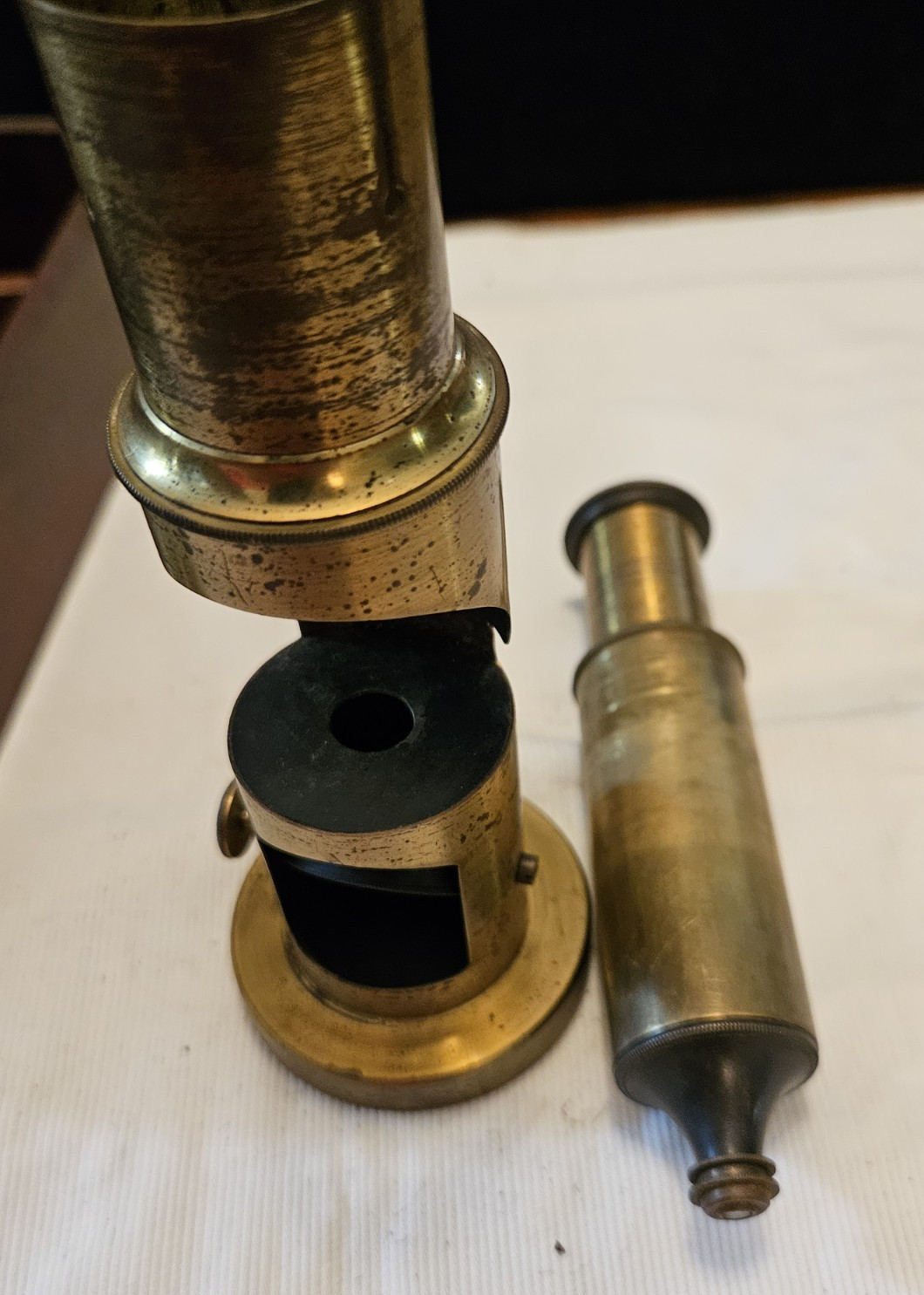 Antique Brass Field Microscope Mid 1800’s Simple Style Wood Box Glass Len Intact