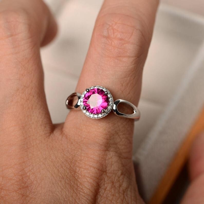 1.65 Ct Round Natural Ruby Diamond Engagement Ring 14K White Gold Size 5