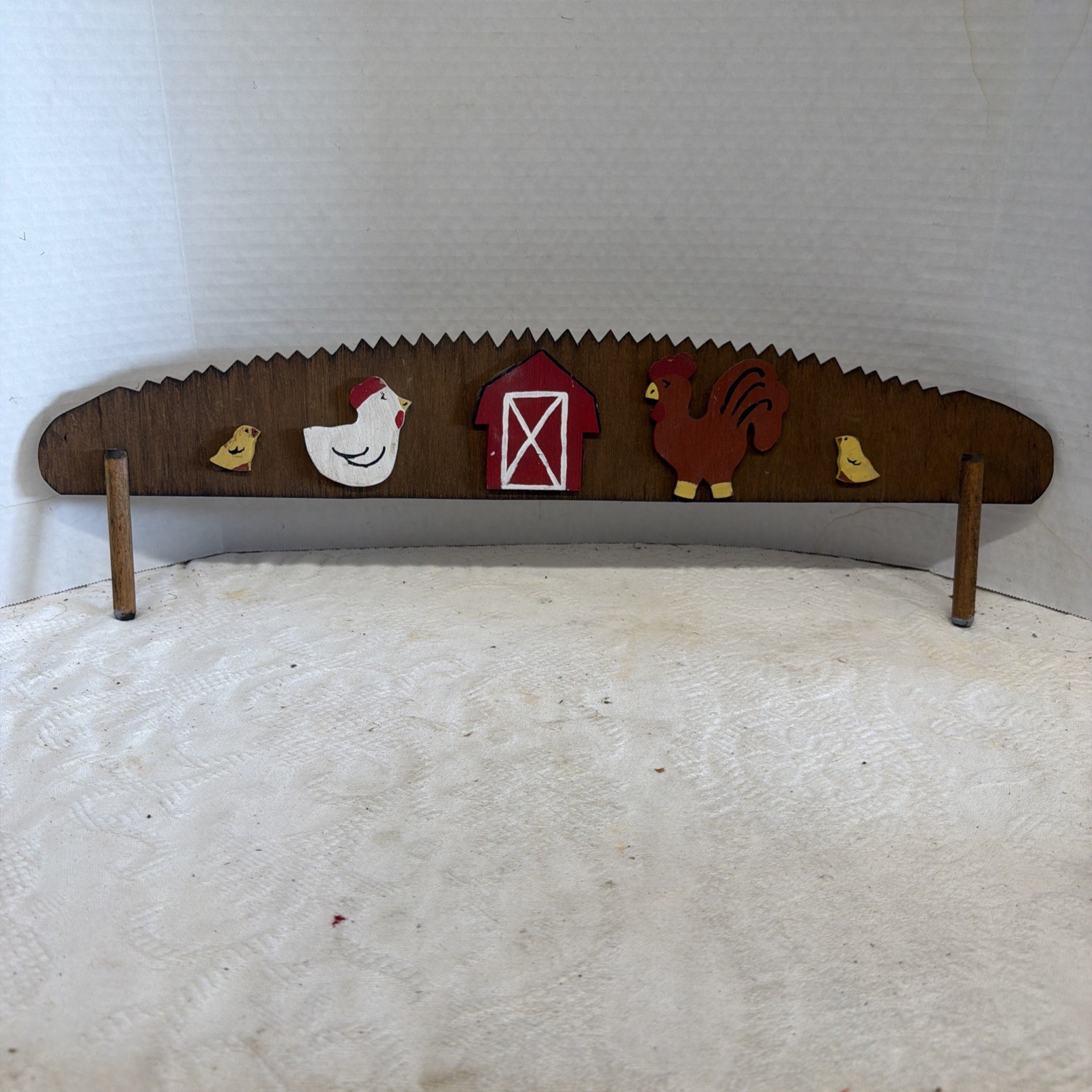 Vtg Handmade Primitive Wooden Saw 24” W/ Barn& Chickens