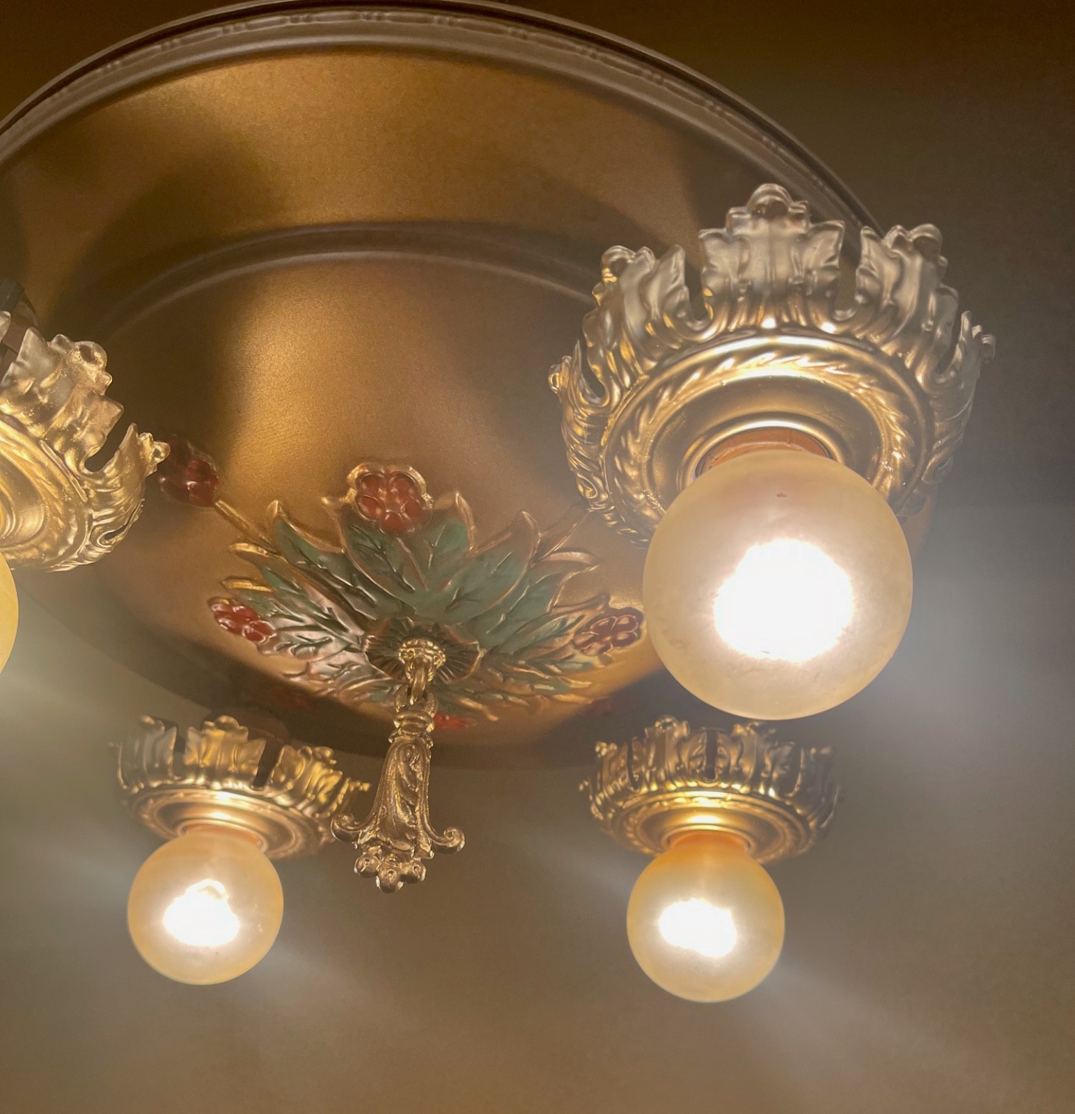 Vintage Light 1920s brass pan chandelier with polychrome flowers!