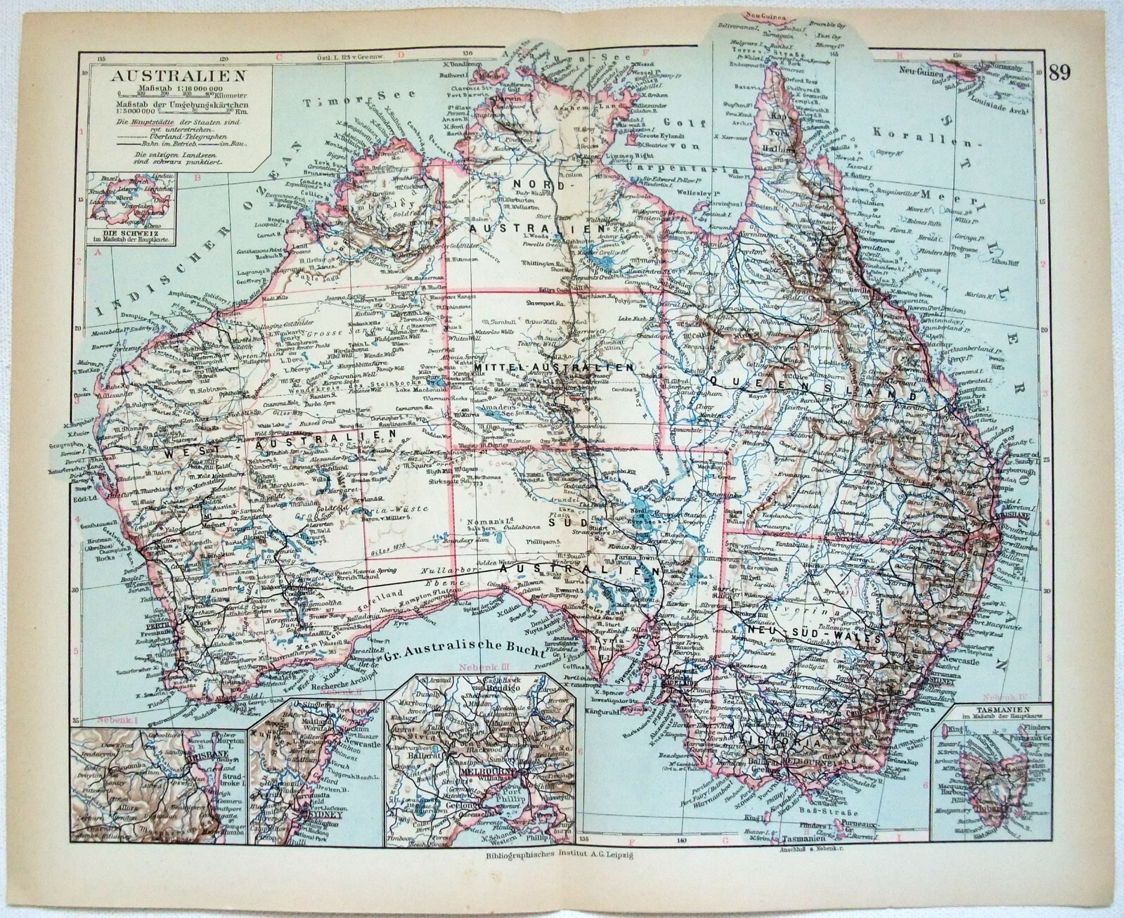 Australia – Original 1931 German Language Map by Meyers. Vintage