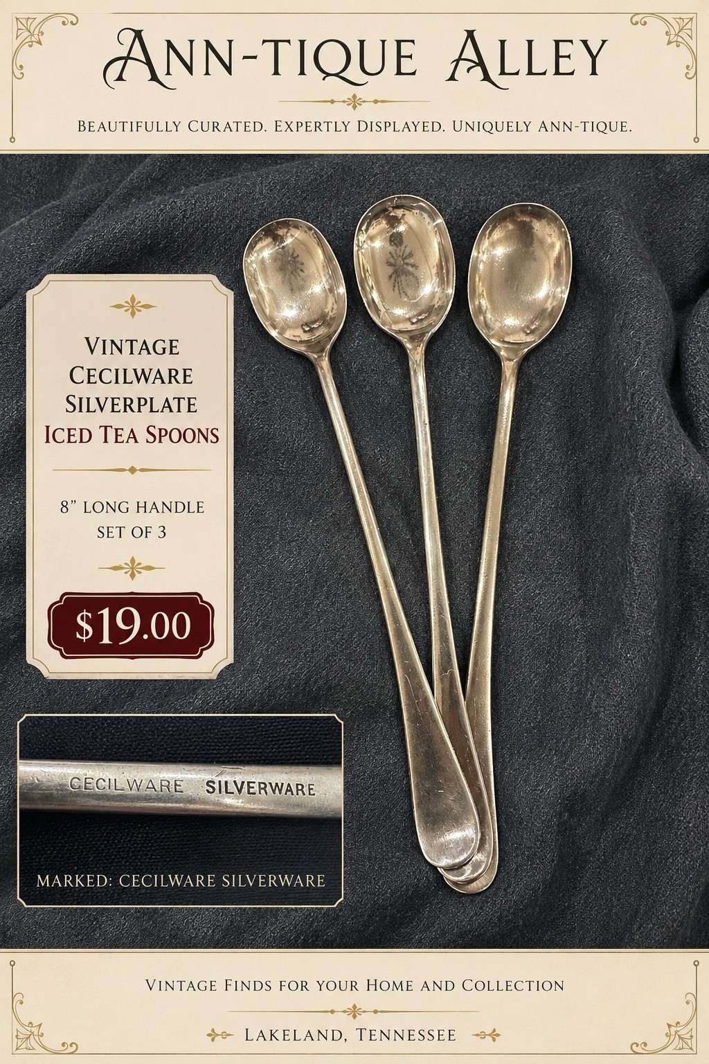 VTG Cecilware Silverplate Iced Tea Spoons 8” Long Handle Set of 3