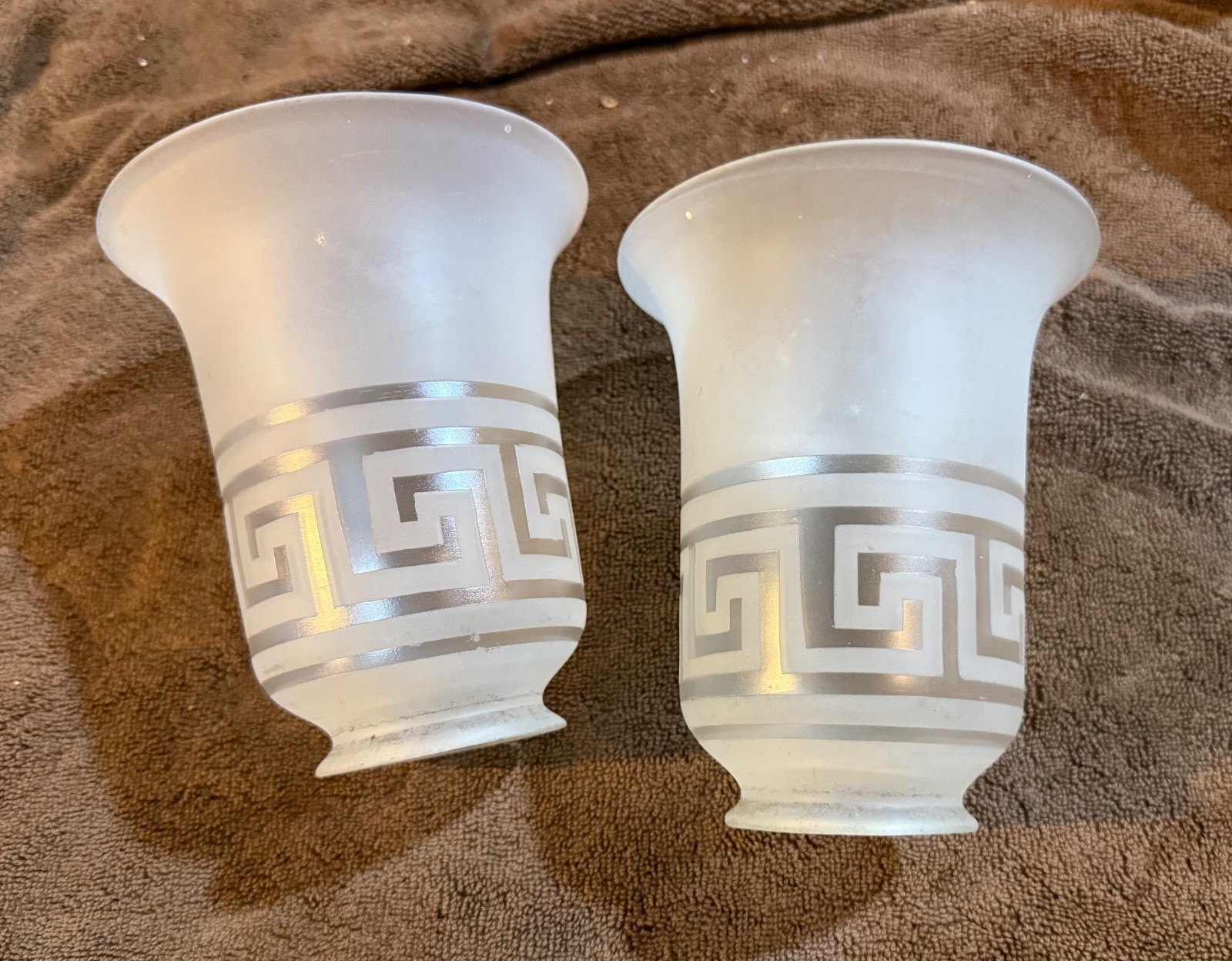 Pair antique vtg Greek Key motif 2 1/4 light fixture sconce shades