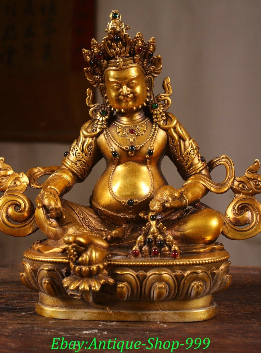 Tibet Buddhism Copper Gilt Gems Yellow Jambhala Wealth God Buddha Mouse Statue