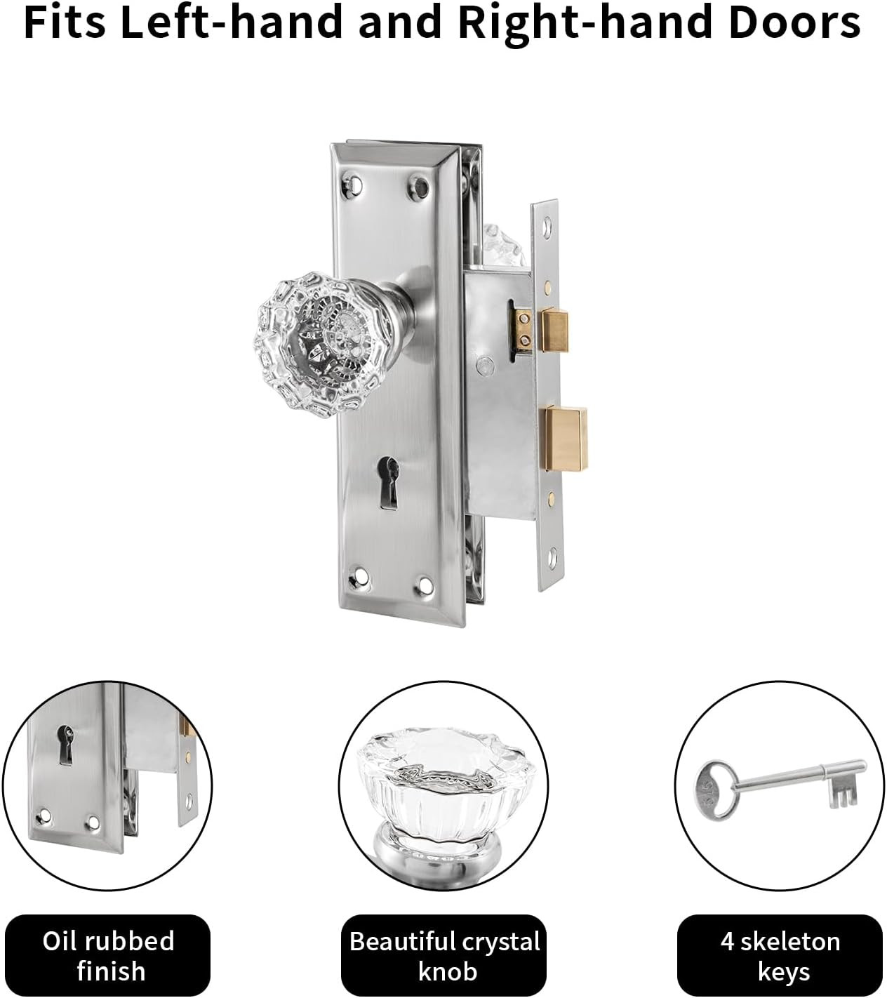 Upgraded Mortise Lock Set for Interior Door, Antique Vintage Style Crystal Glass