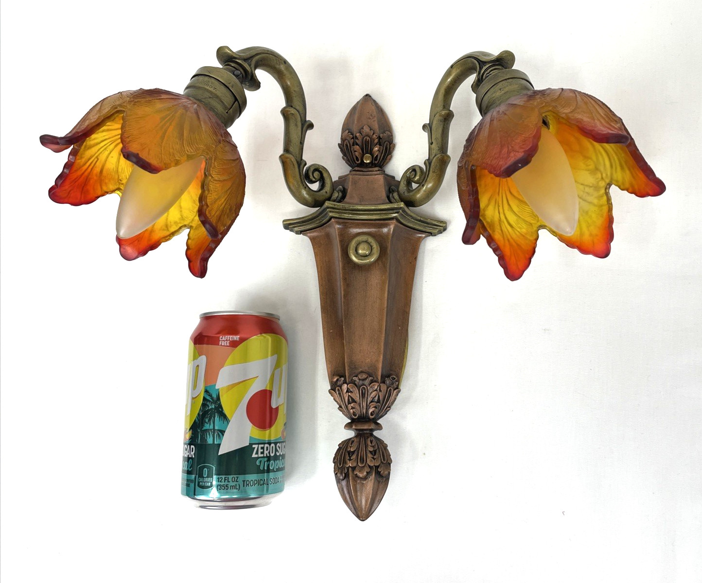 RESTORED Antique Vtg Wall Sconce Arts Crafts Deco Nouveau Art Glass Lily Shades