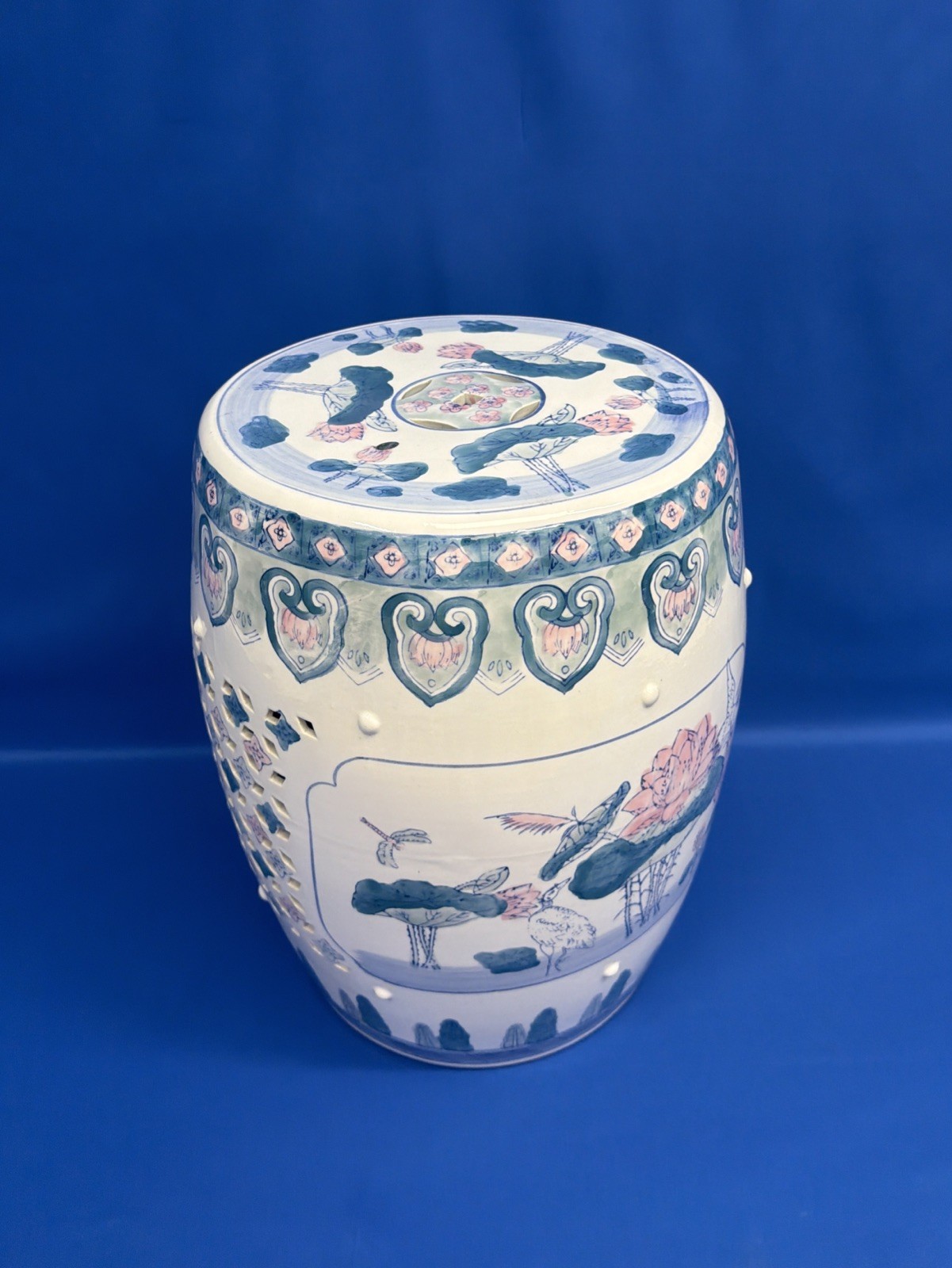 Vintage Lily Pad Motif 18” Ceramic Garden Stool, Multicolor Blue, Green & Pink