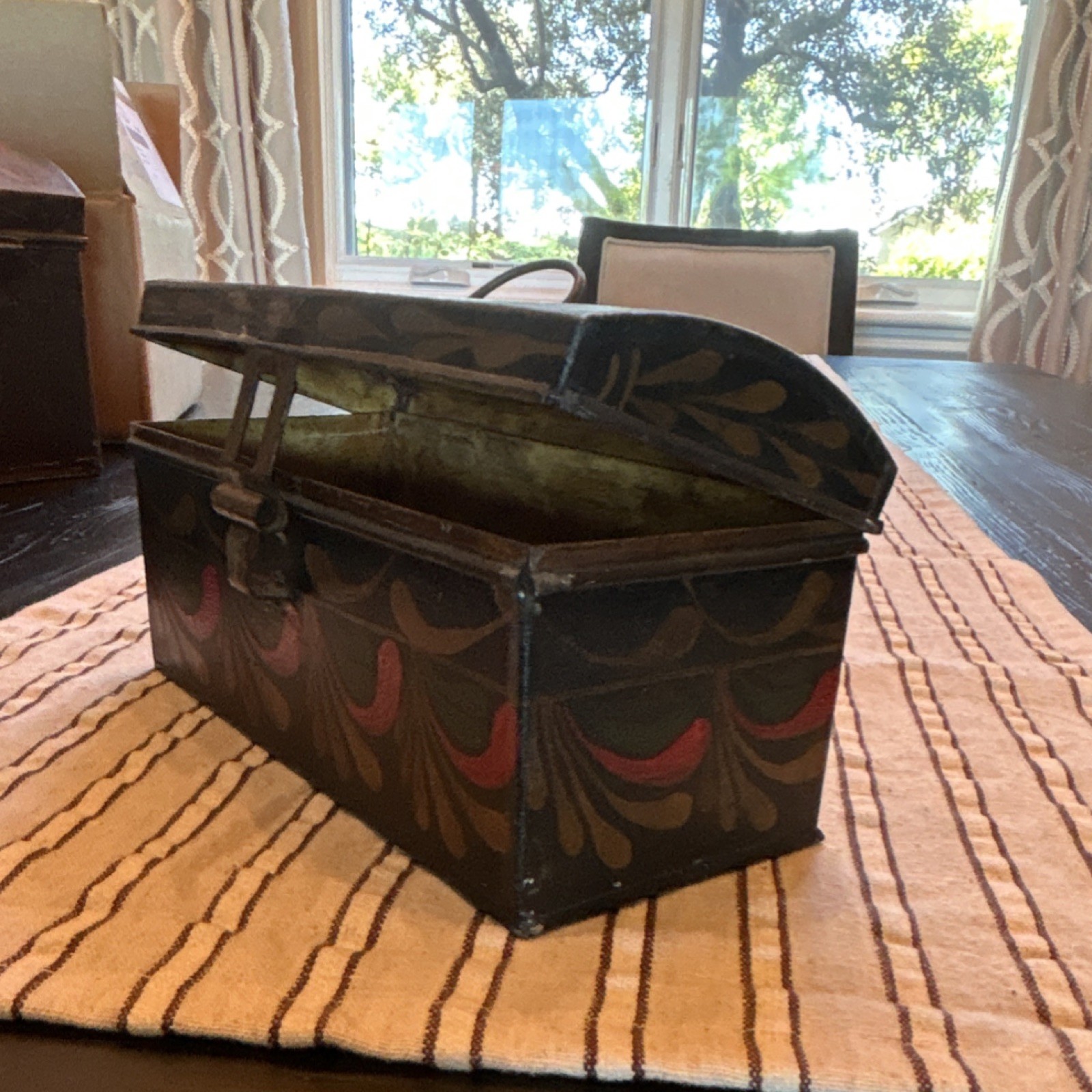 Primitive Painted Metal Storage Box with Floral Design, Multi-Color, Medium