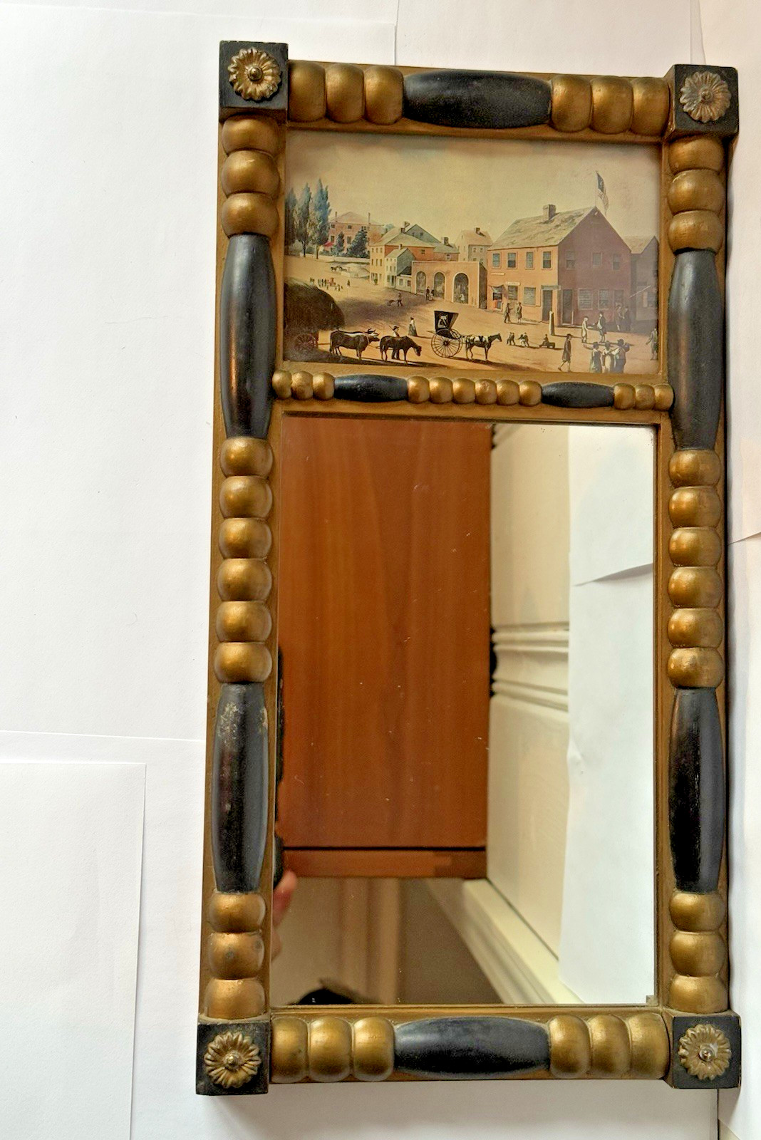 Antique Mirror Gilt Wood Ebonized Painted Scene New Bedford Mass 7″ x 14