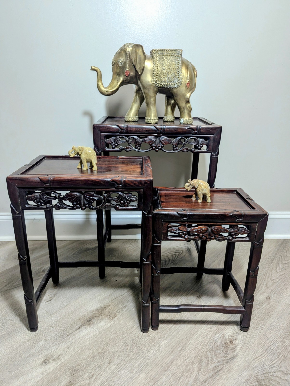 Antique Chinese Red Rosewood Carved Nesting Tables ,Set of 3, Late 19th Century