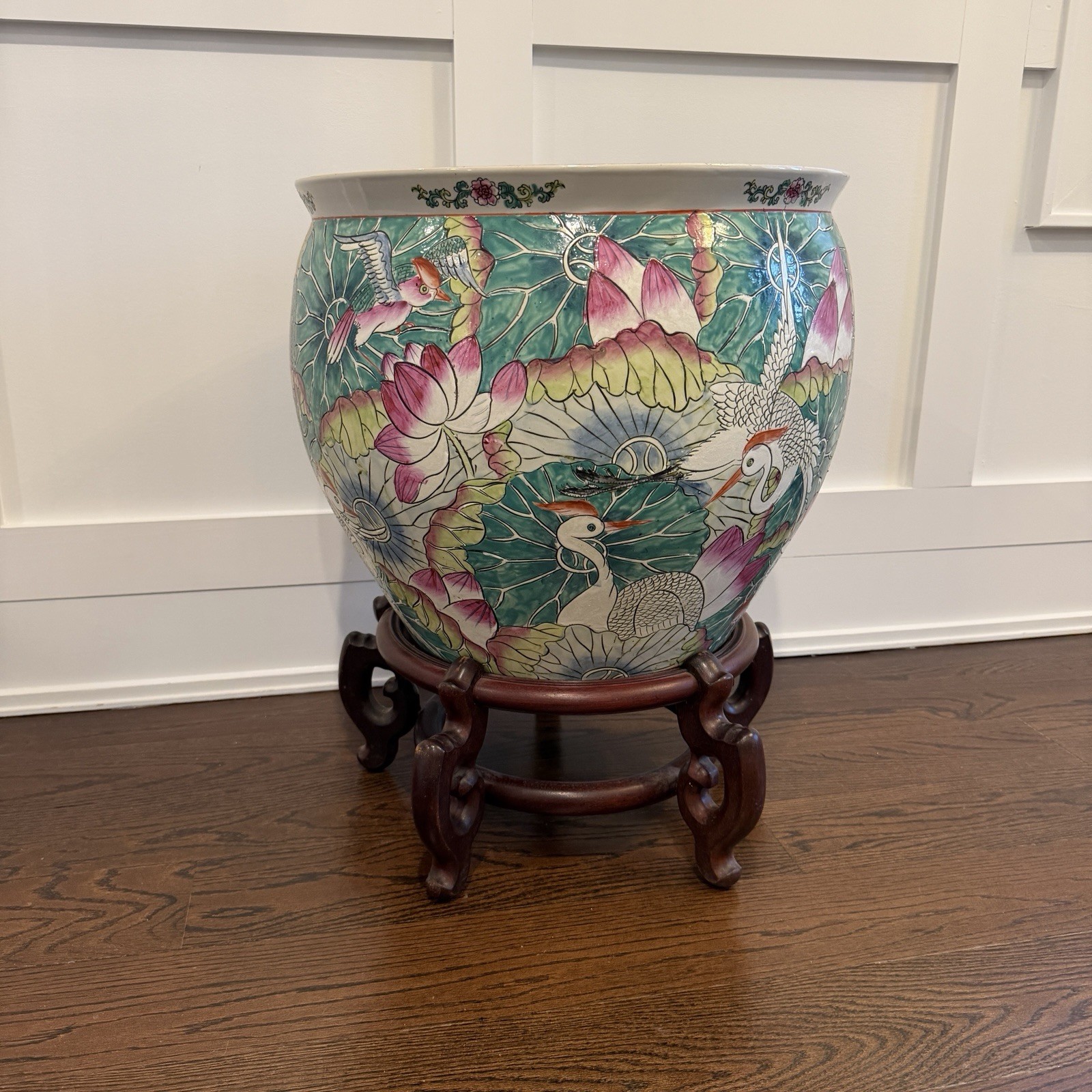 Large Fish Bowl Planter Chinese Famille Cranes & Lotus Flowers Cache Pot Stand