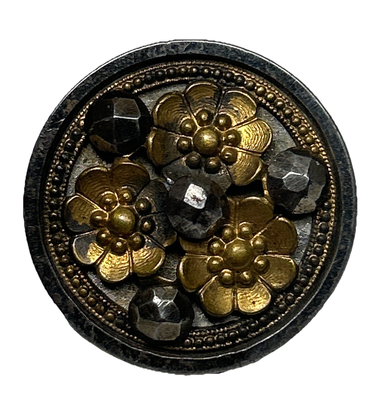 Antique Metal Button 3 Flowers Multifaceted Cut Steel