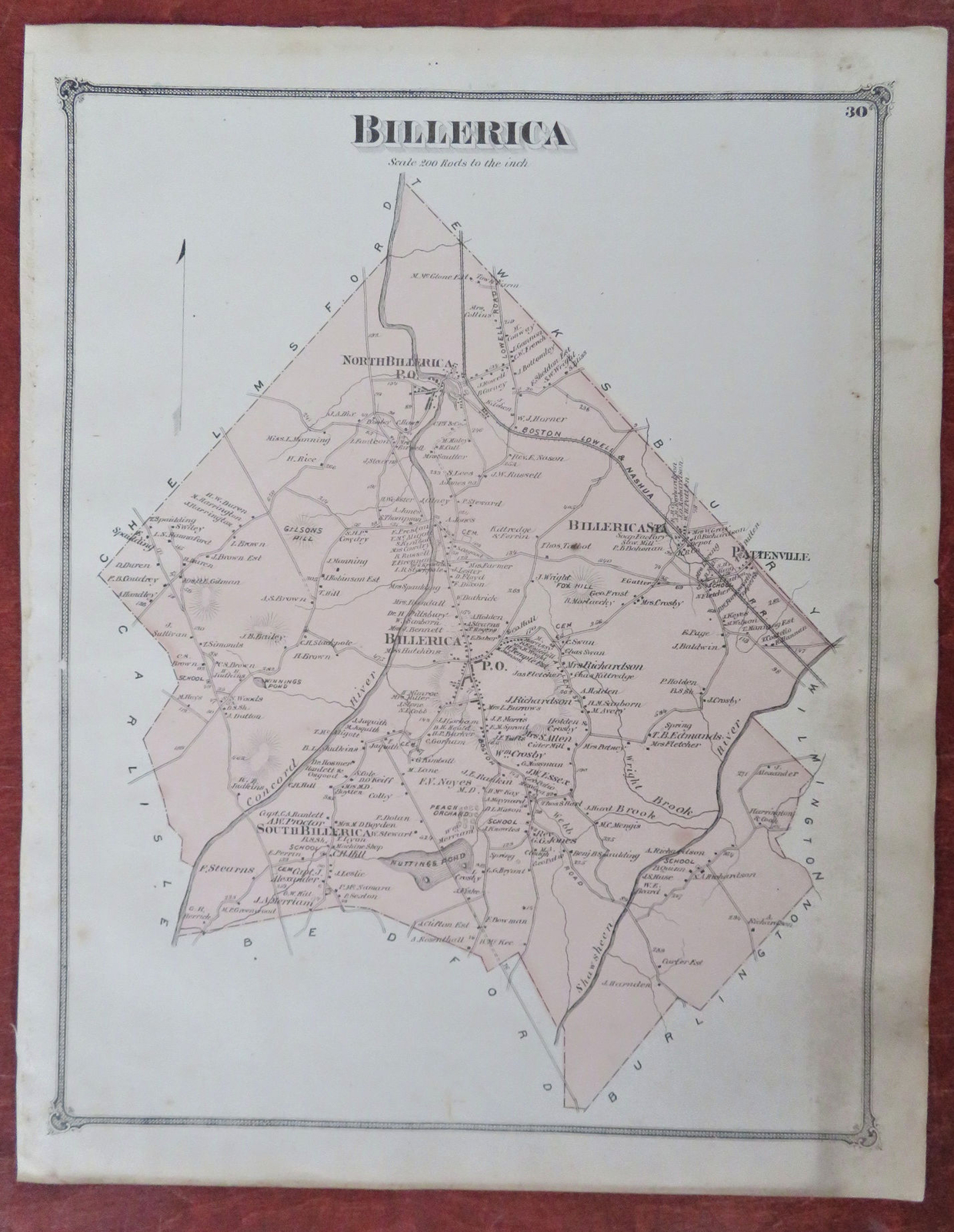Billerica Middlesex County Massachusetts 1875 F.W. Beers detailed color map