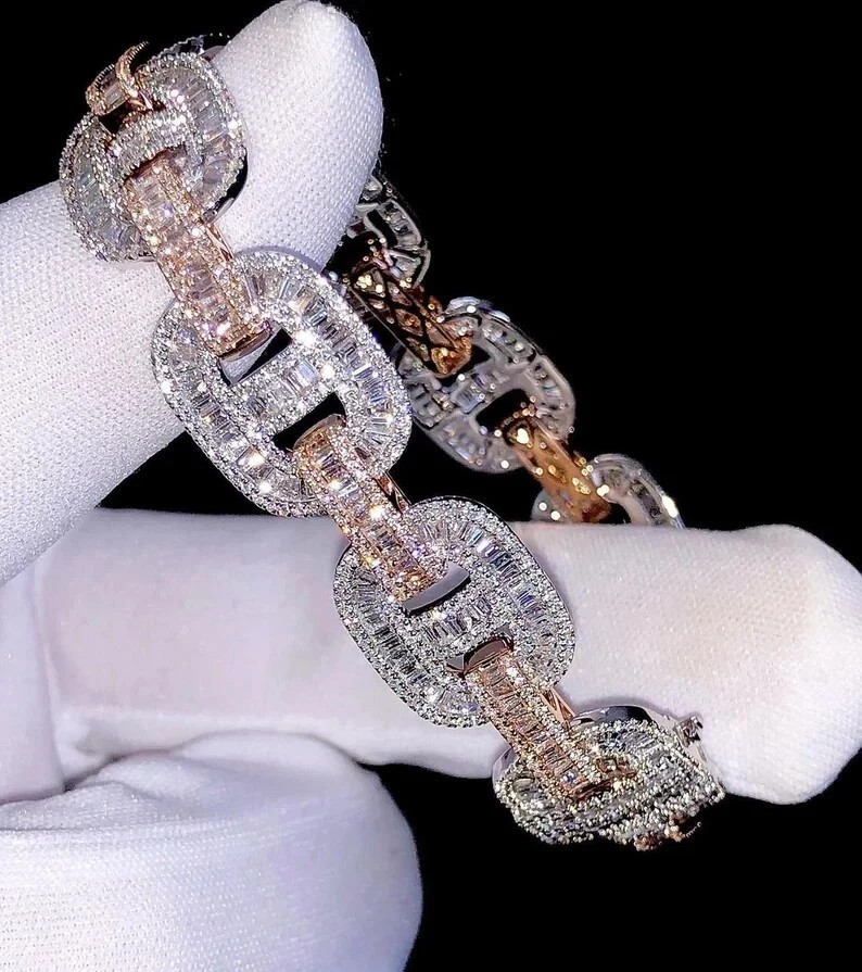 14CT Lab-Created Diamond Cuban Hip Hop Men’s Bracelet 14K Two Tone Gold Plated