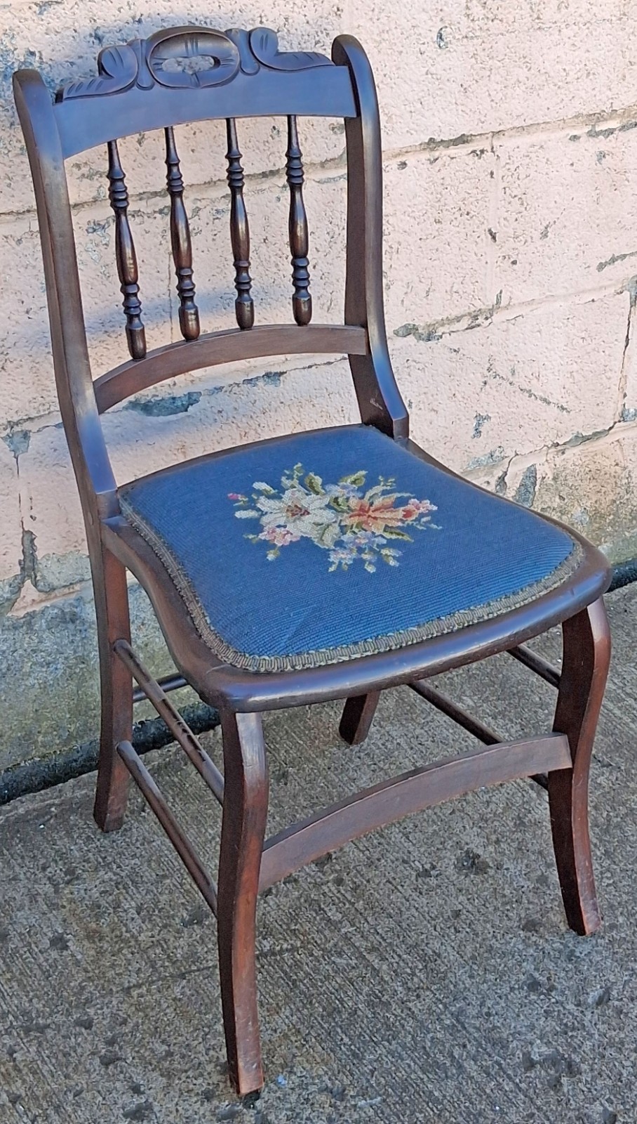 Antique Victorian Solid Wooden Side Accent Desk Floral Needlepoint Fabric Chair