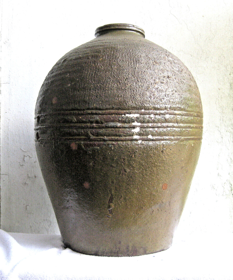 Antique Chinese Earthenware Wine Storage Pot Olive Brown Glaze 19″ x 15″ 30 lbs