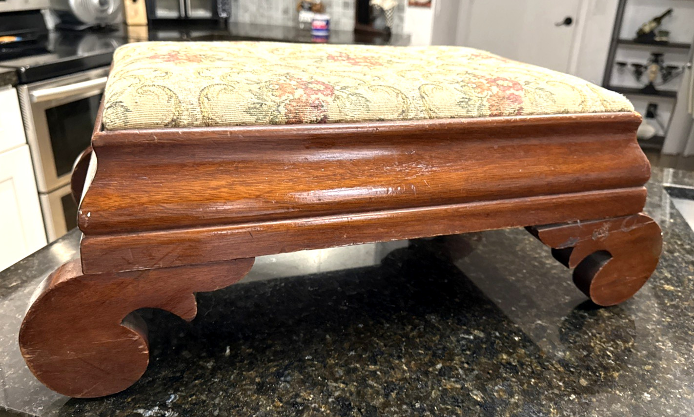 VTG Mahogany Footstool Scroll Footstool Needlepoint Floral DAMAGED