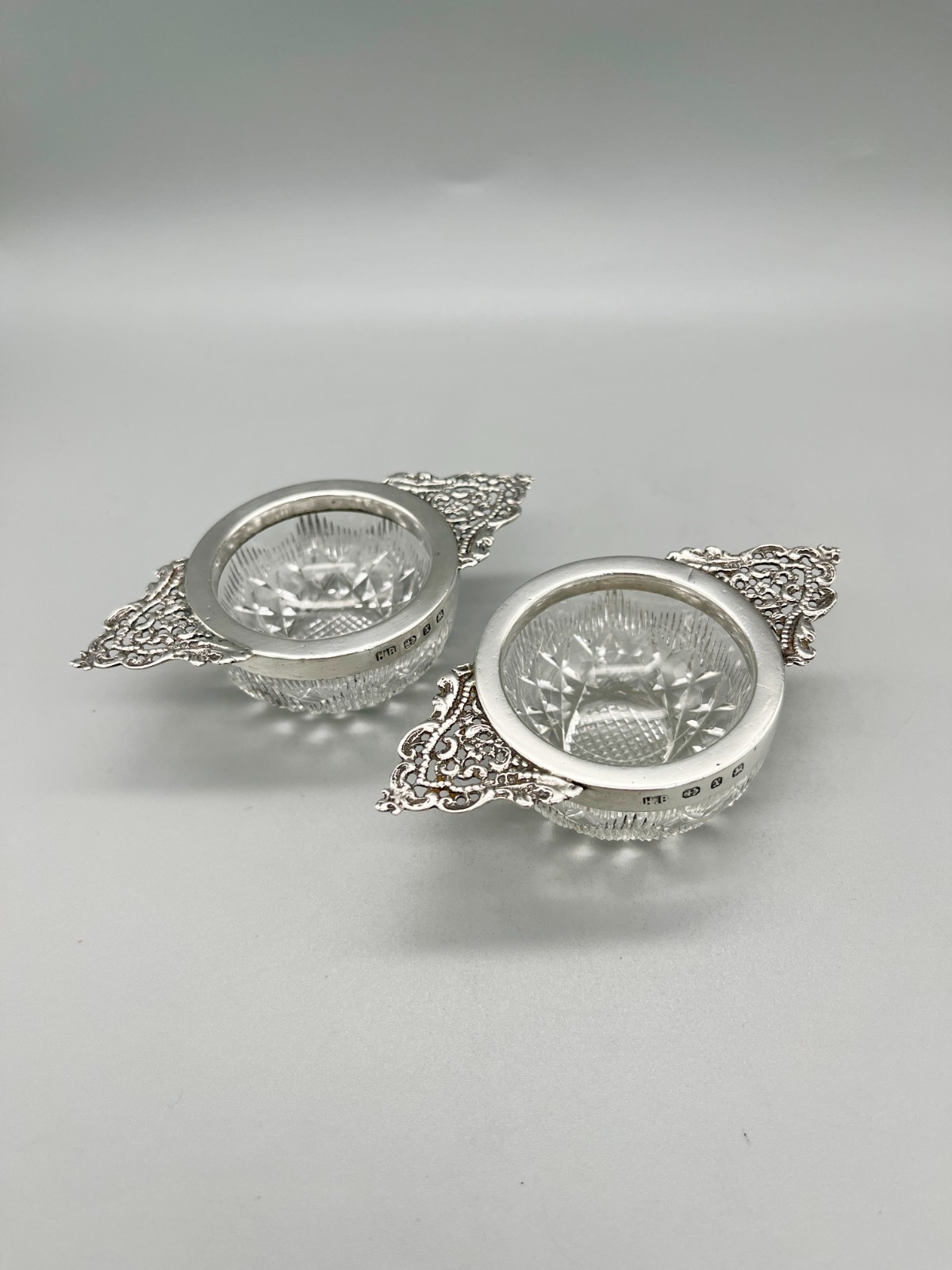 PAIR OF VICTORIAN CUT GLASS & STERLING SILVER SALTS, HENRY BOURNE, B’HAM, 1897