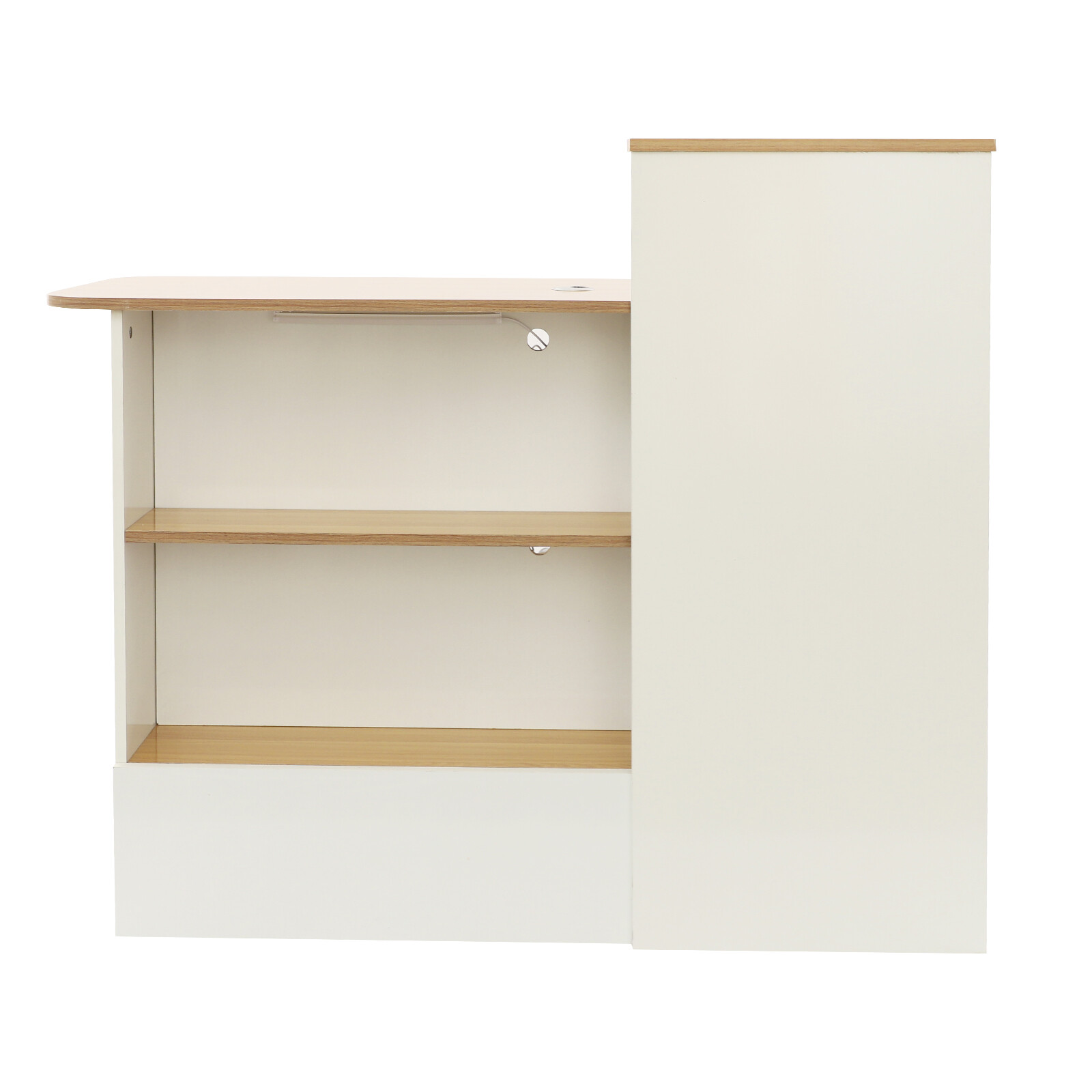 Modern Reception Desk w/Locking Drawer, Open Shelves White+Natural Finish 47.2in