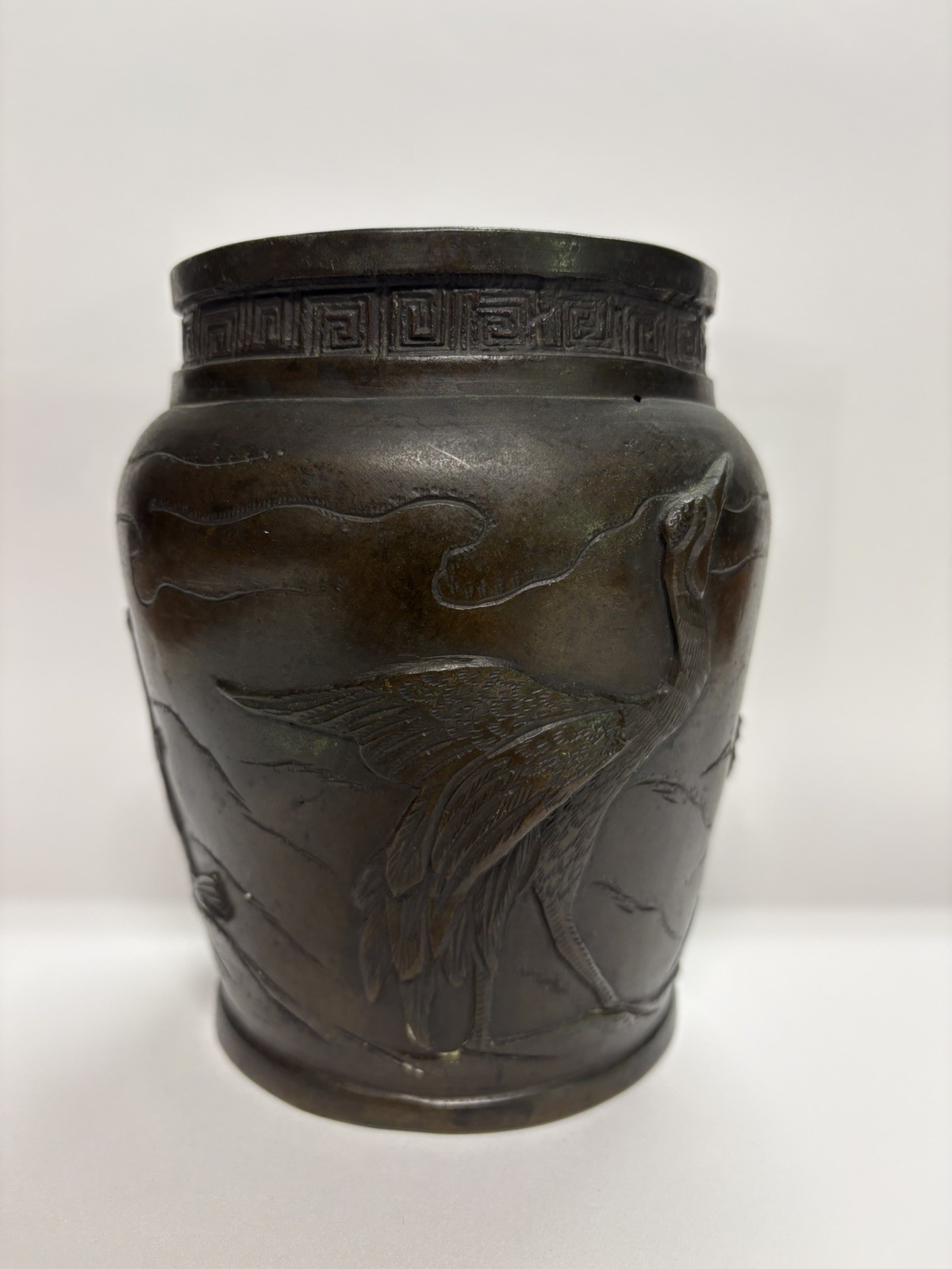 Antique Japanese High relief Bronze Vase Meiji Period Crane Vintage signed