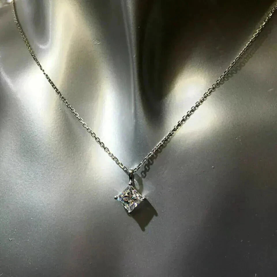 2Ct Princess Cut Lab Created Diamond Women Pendant Chain 14K White Gold Plated