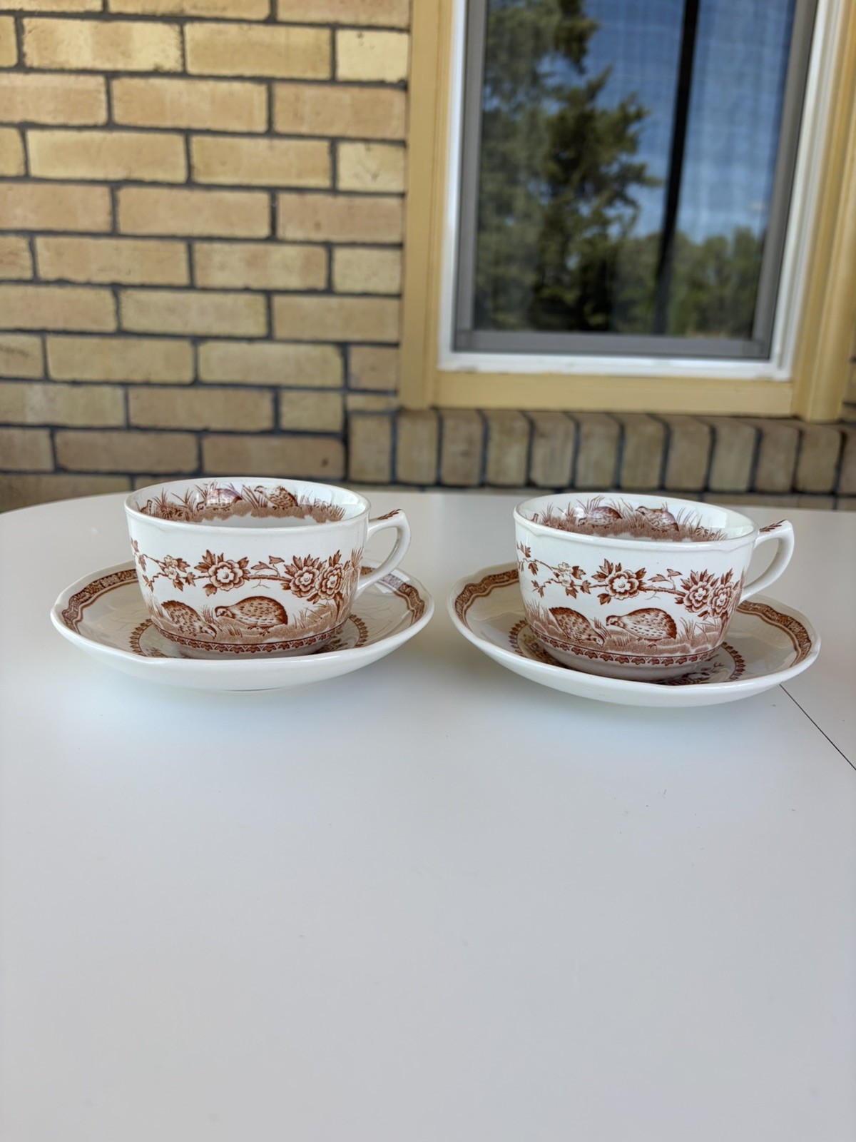 Mason’s Ironstone Furnivals Antique Brown Quail Teacup Cup Saucer Set Lot of 2