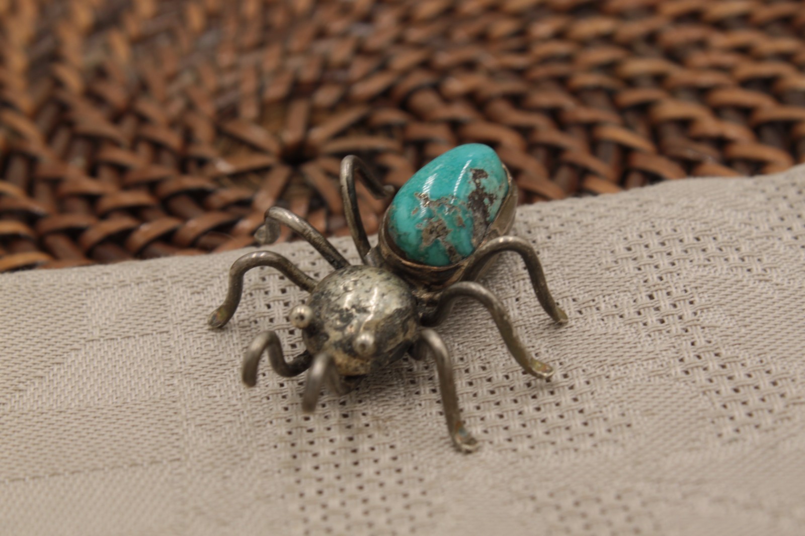 Vintage Sterling Silver Miniature Turquoise Spider Brooch Bug Insect Southwest