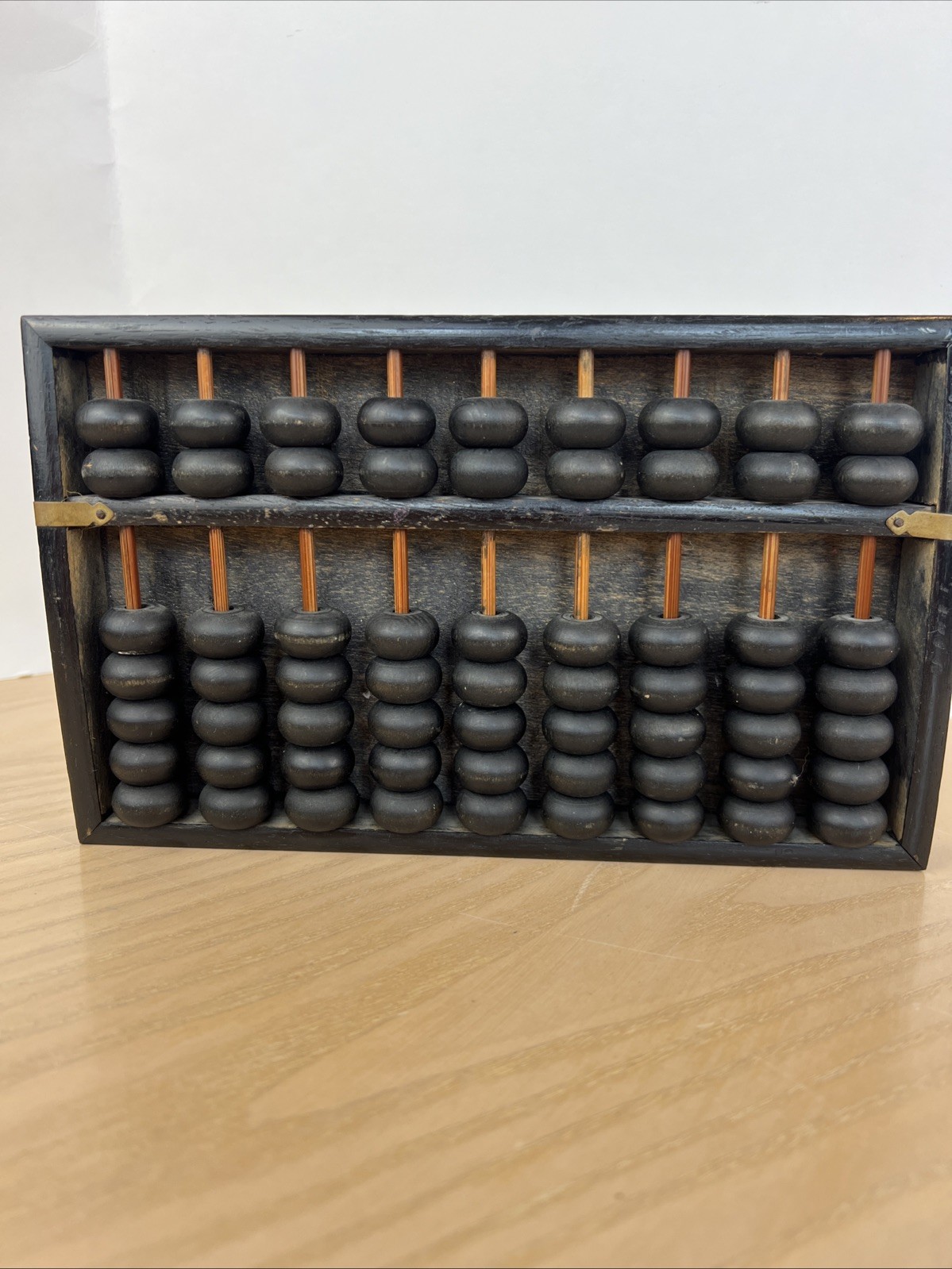 VINTAGE CHINESE WOODEN ABACUS SUANPAN CALCULATOR WITH BRASS FITTINGS PRIMITIVE