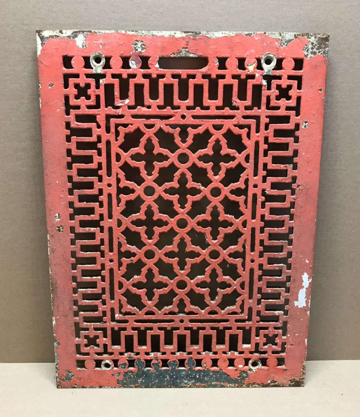 Antique 14×20 Gothic Clover Cold Air Return Cast Iron Red Grate VTG Old 1114-26B
