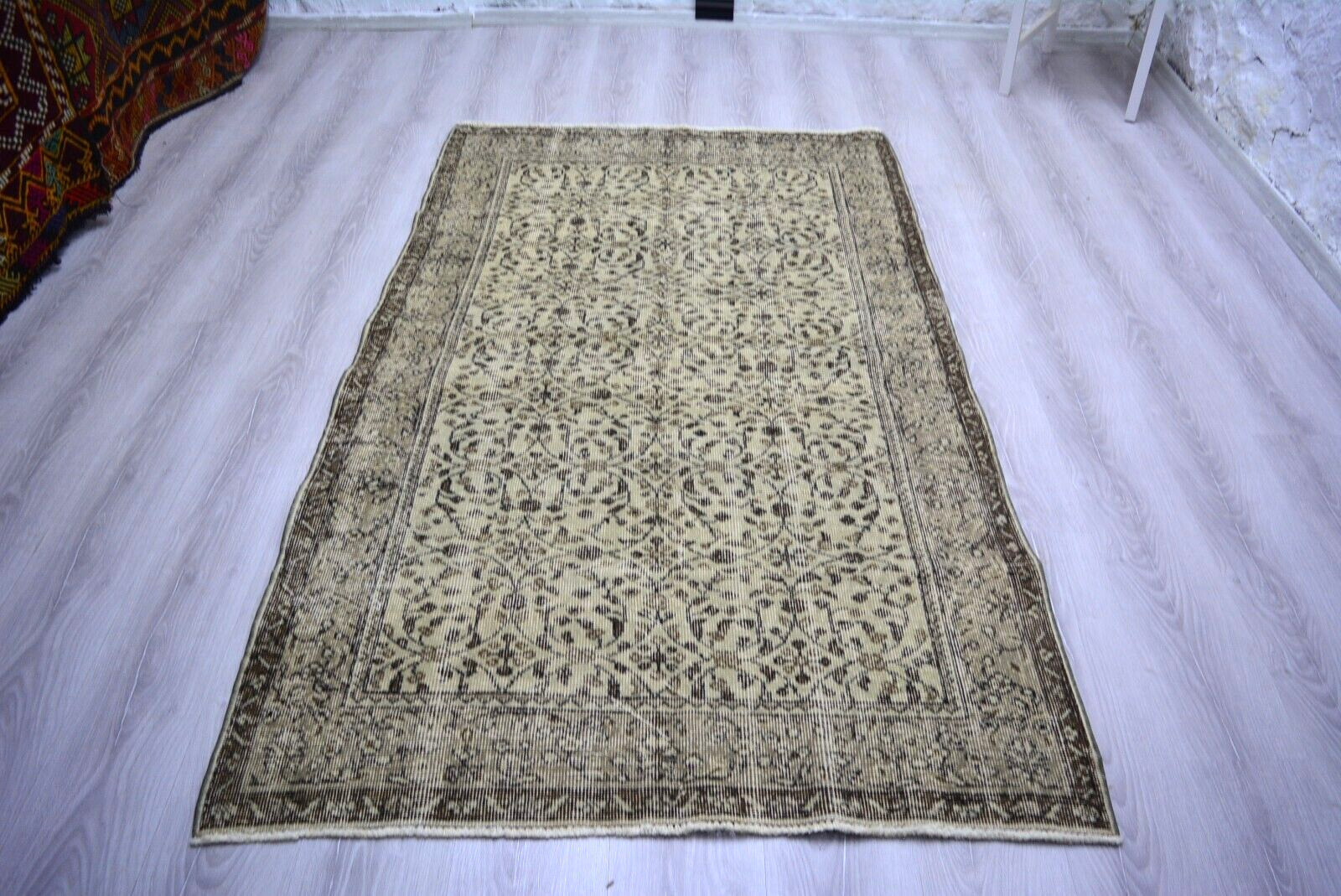 Turkish Vintage Beige Rug, 3.9×6.6ft, Antique Traditional Floral Handmade Rug,