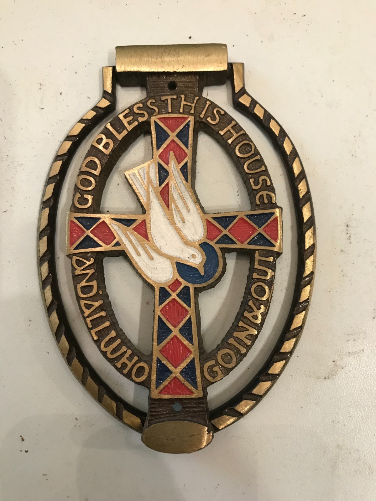 Vintage “God Bless This House” Terra Sancta Guild Brass Door Knocker Israel