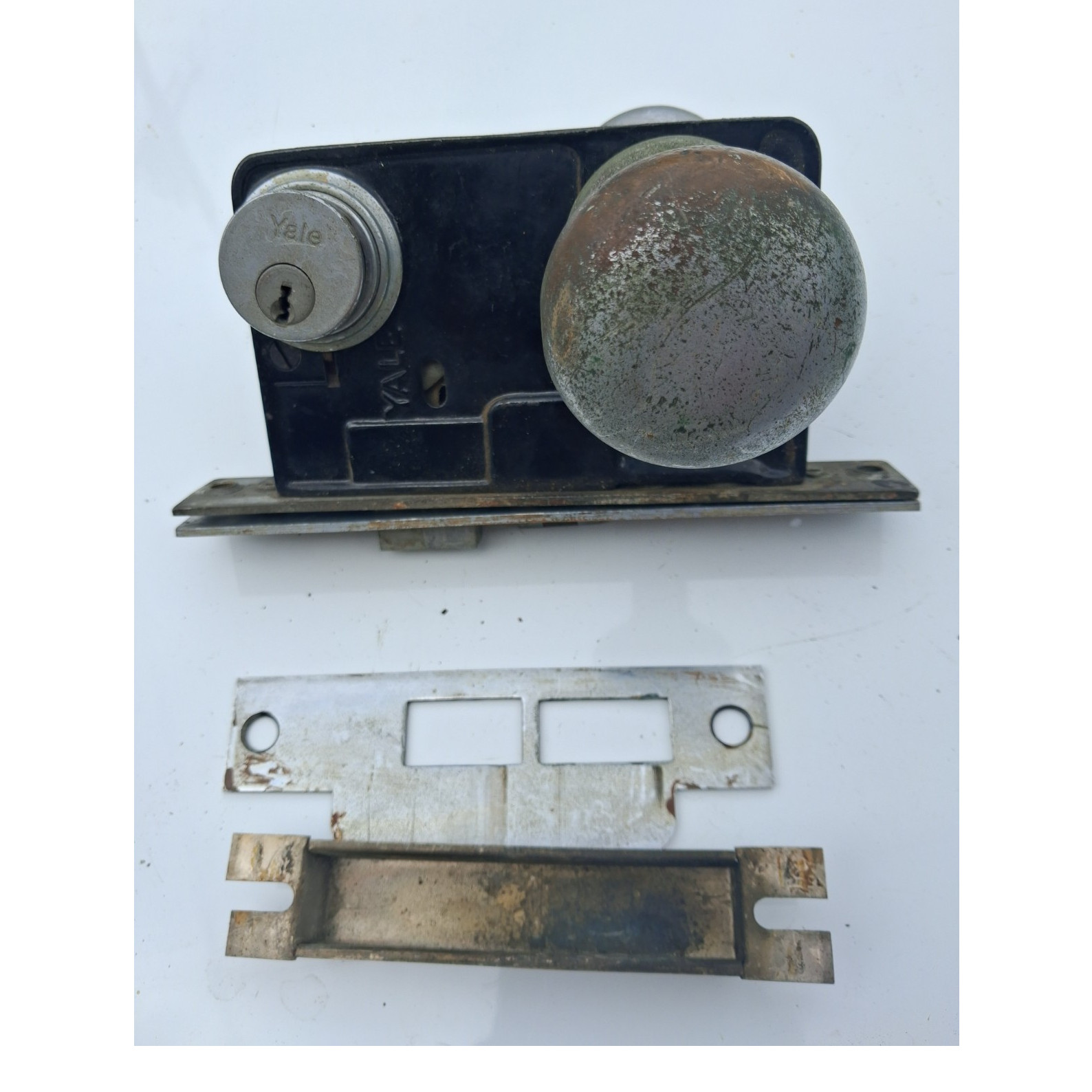 COMPLETE Authentic Vintage Yale Mortise Lockset – Solid Brass – Harlequin Patina