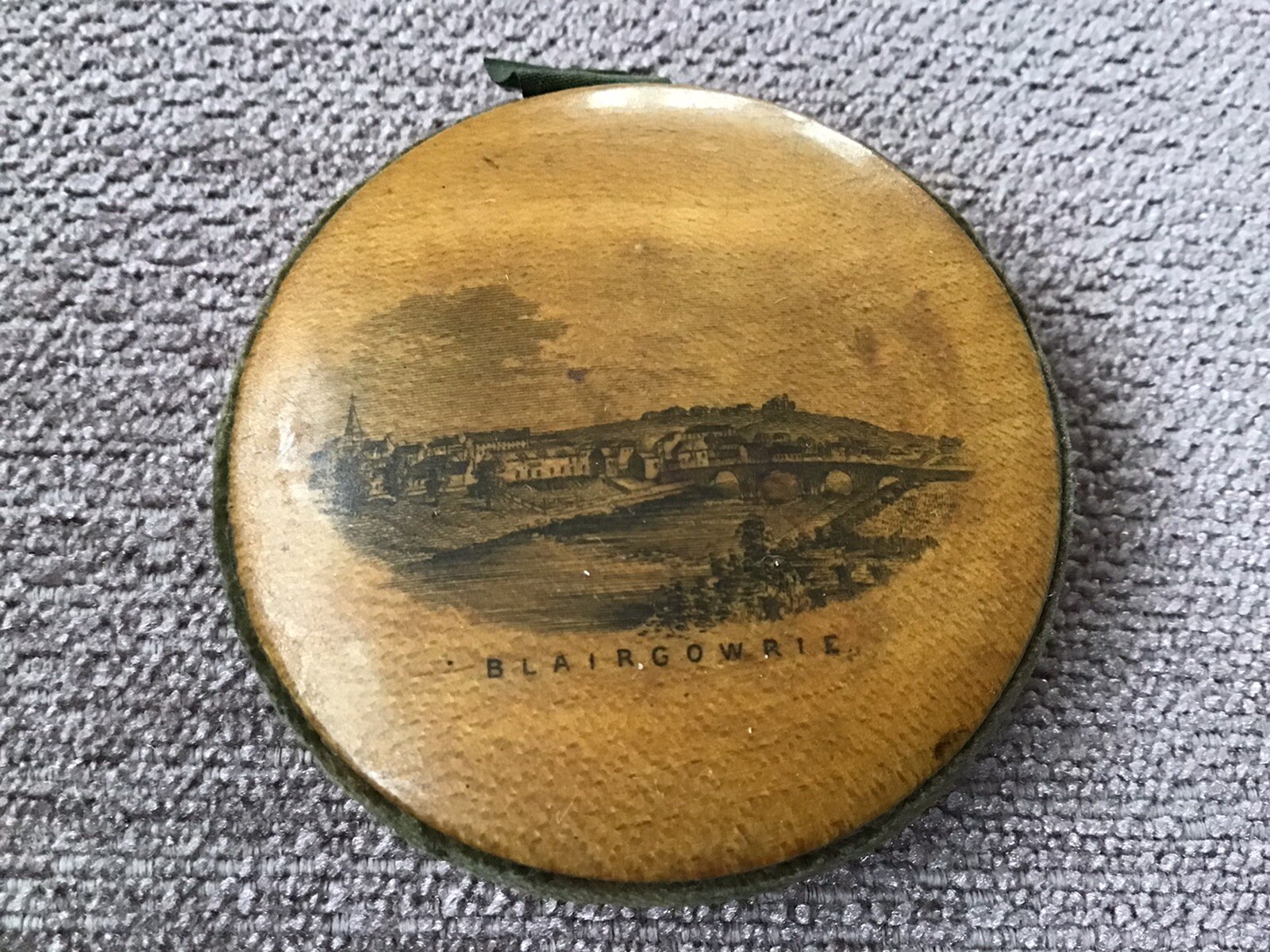 Mauchline Transfer Ware Pin Wheel Pin Cushion. BLAIR GOWRIE. 2” Diameter.