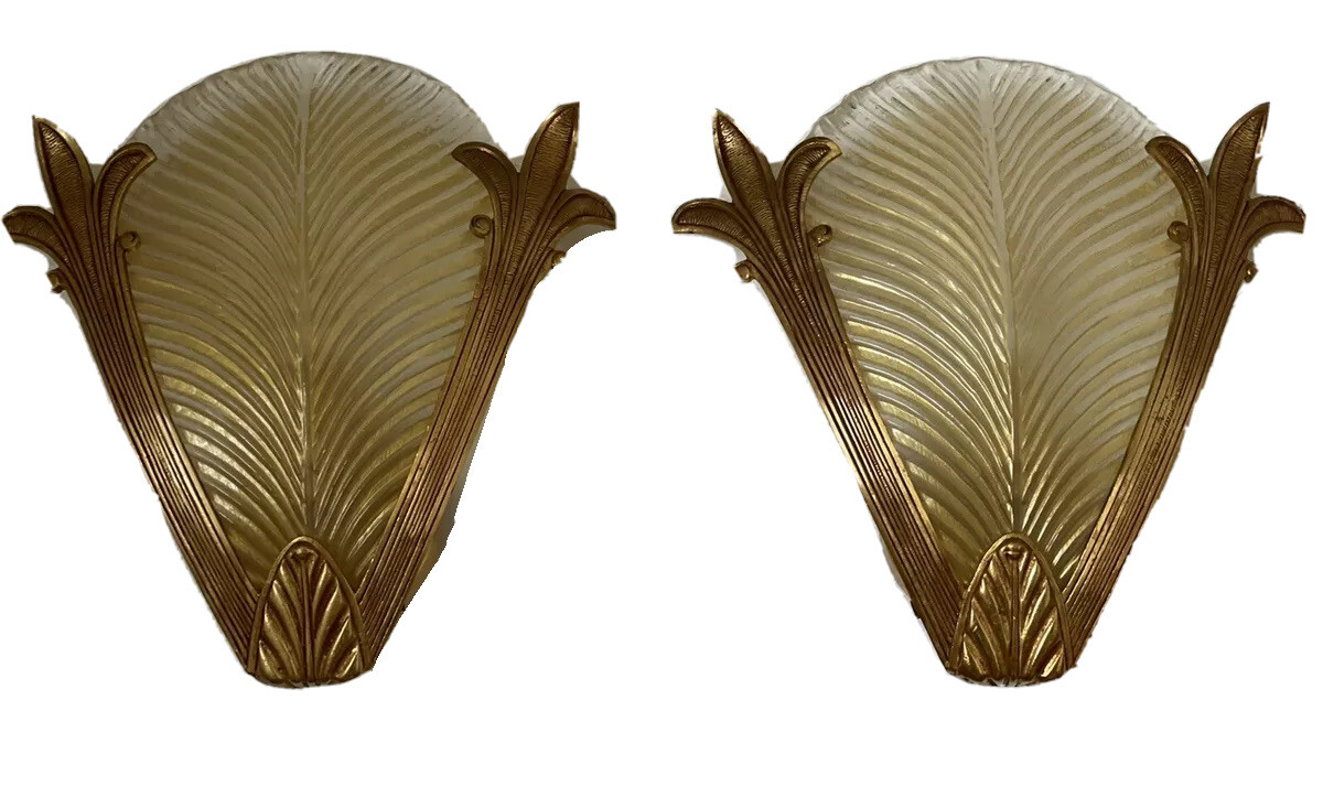 PAIR Bronze Mariner Murano French Art Deco Stylized Slip Shade Wall Sconce Pair