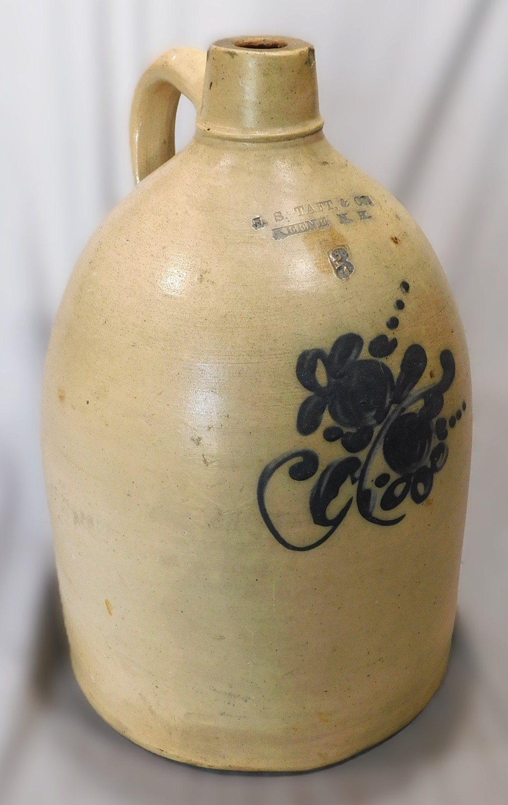 Antique J S Taft Keene NH 3 Gallon Stoneware Jug Cobalt Floral Decoration c1875