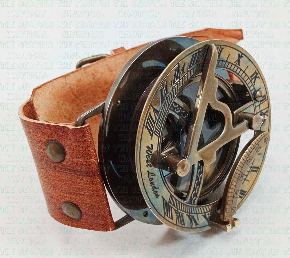 Sun Dial Leather Watch Brass Compass Leather Old Gold Lustre Unusual UK