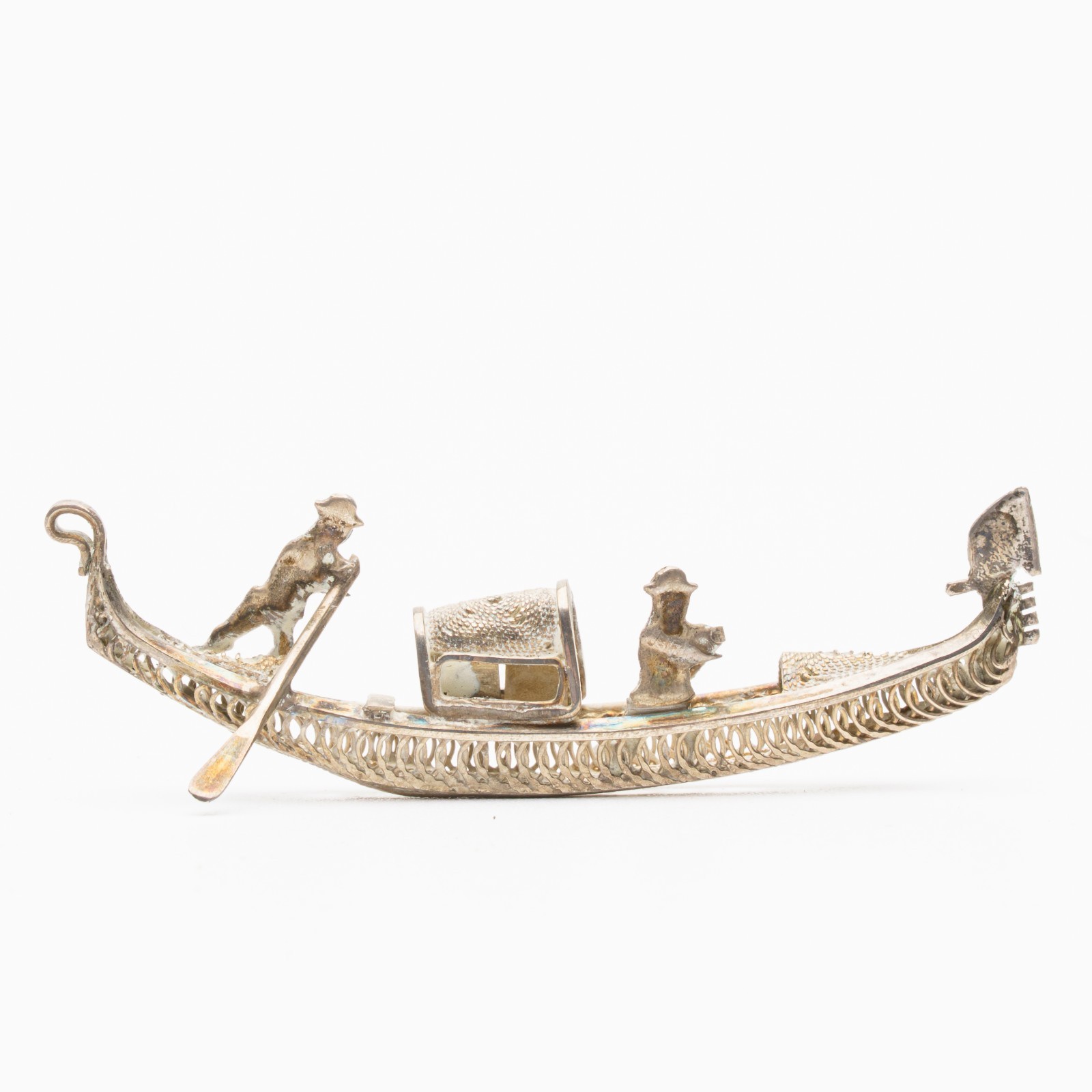 Chinese Silver Fisherman Boat Canton Paddle 800 Marked Qing Mini Figurine 19C