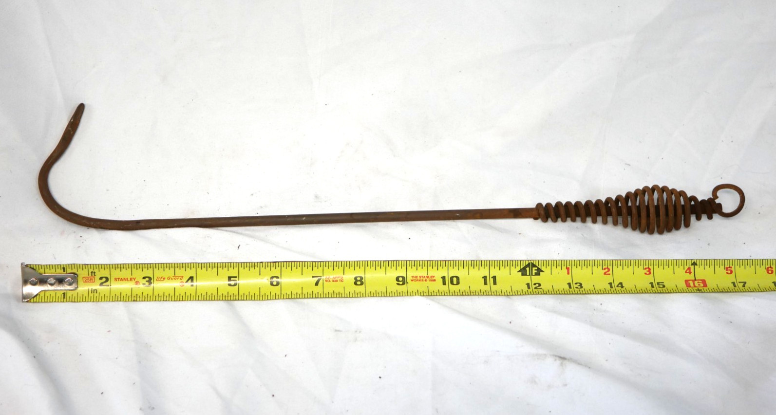 Antique Fireplace Cook Cast Iron Stove Fire Poker Coil Spring Handle+Hook 17 in.