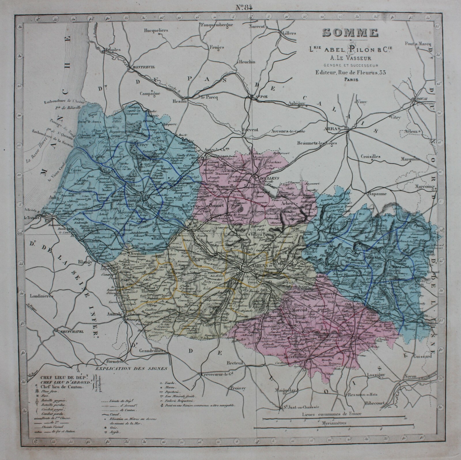 SOMME, AMIENS, CRECY, FRANCE, original antique map, Le Vasseur 1877