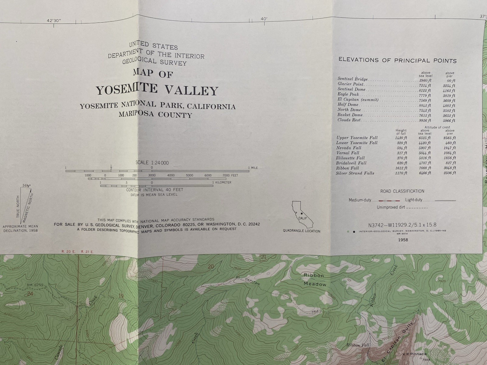 Yosemite Valley Topographical Map USGS Dept of Interior 1955/1958 41.5″x19″ VNTG