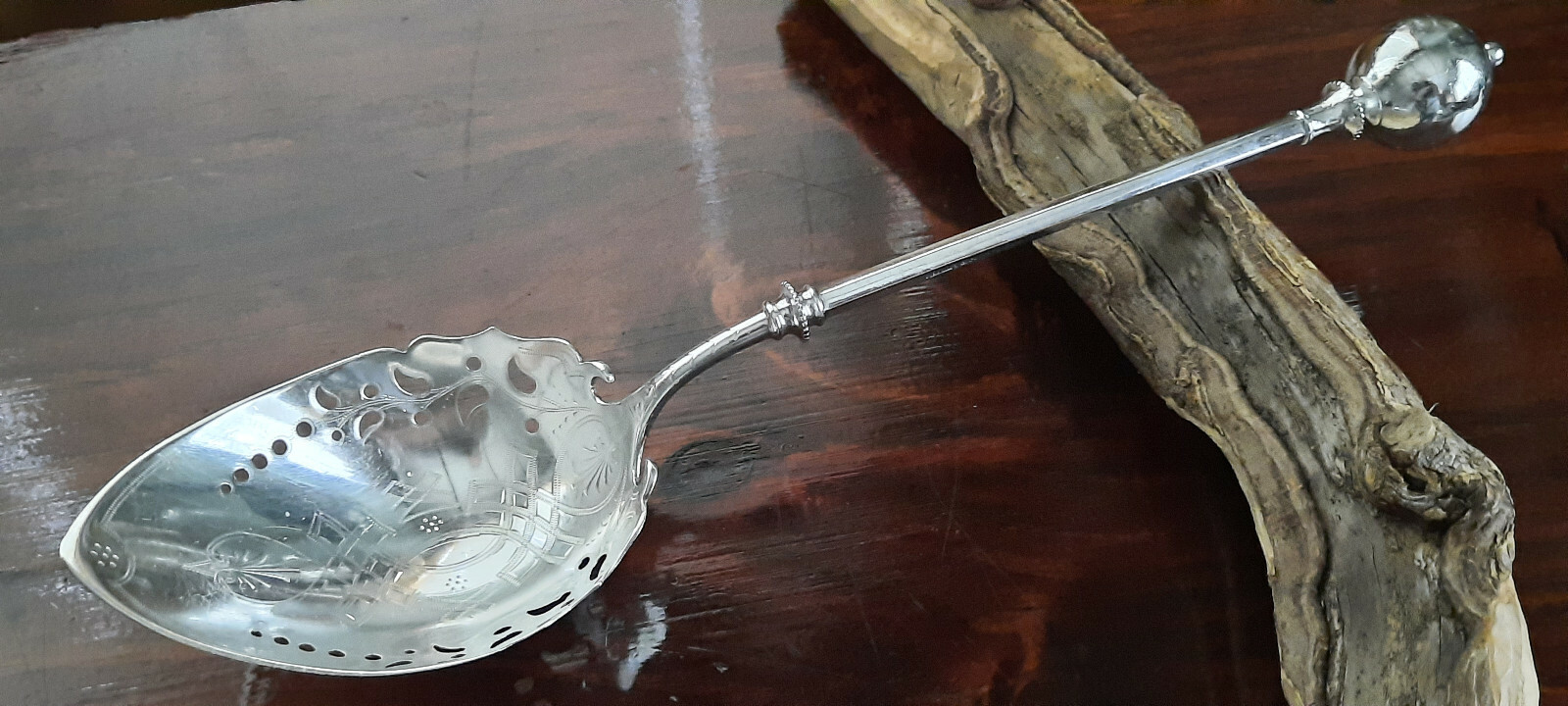 Sterling Silver George Sharp Large Ball End Slotted, Bright Cut Serving Spoon