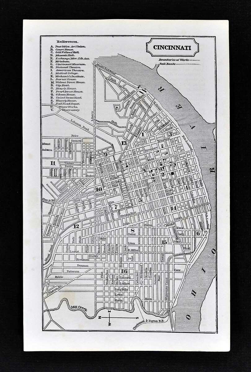 1855 Charles Savage Map Cincinnati Ohio River Downtown Landmarks OH Antique