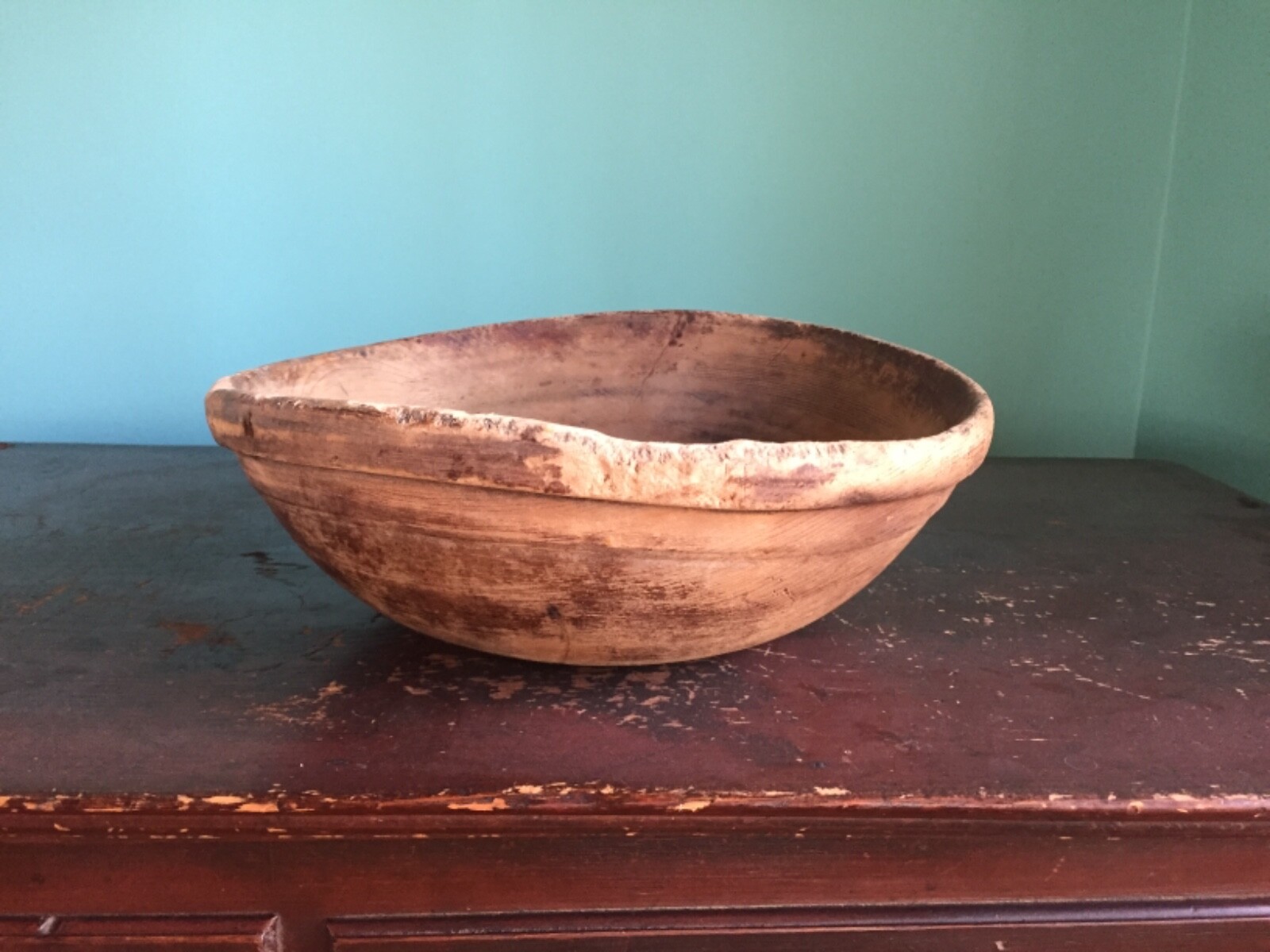antique wood bowl treen primitive country turned out of round dough chop