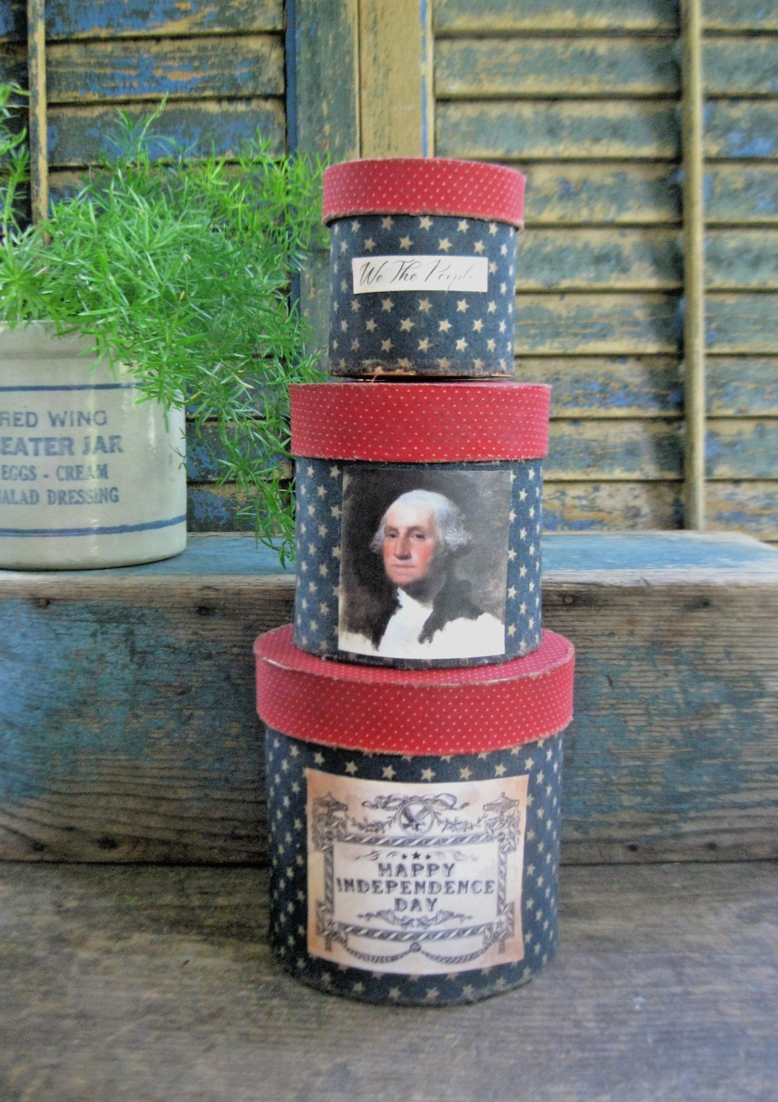 Stack of 3 Medium Papier Mache Boxes Red & Blue Calico Americana Labels