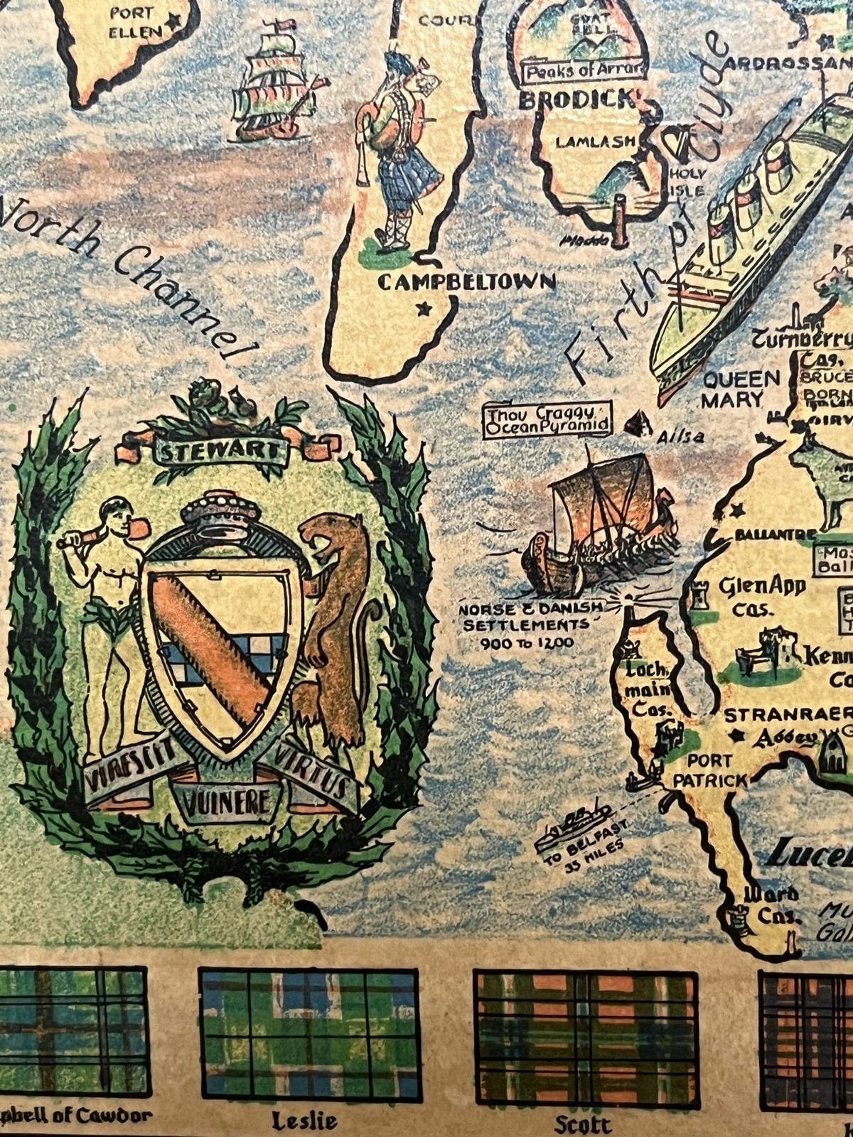 Vintage 1939 ‘The Story Map Of Scotland’ On Wood Placard 15” X 17” Hand Colored!
