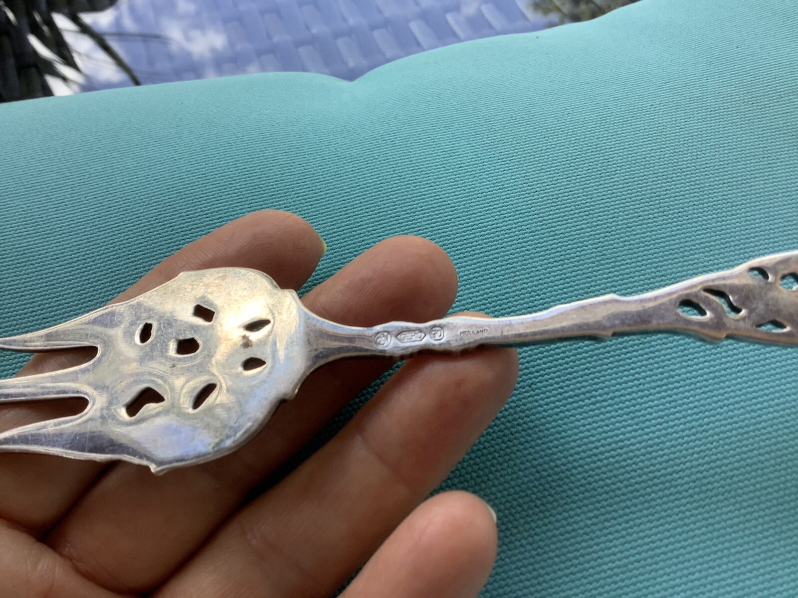 ELABORATE SILVER PICKLE FORK MADE IN HOLLAND 6 3/4”