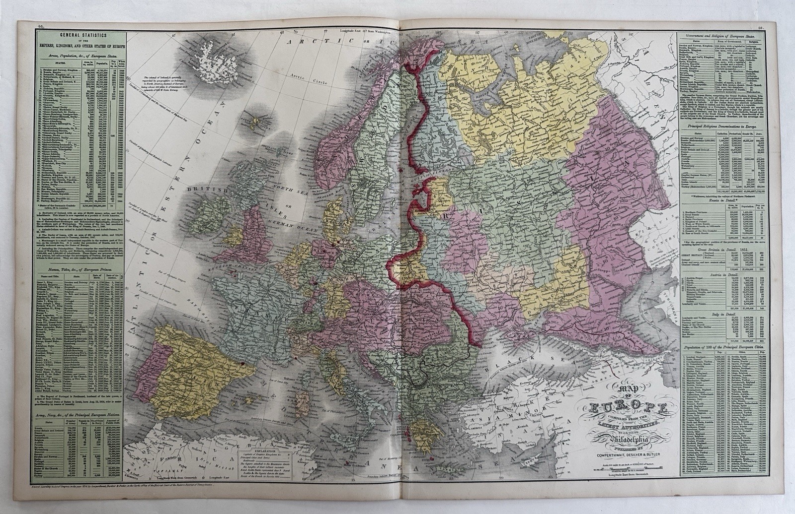 Europe large folio sheet 1855 Cowperthwait fine hand colored map