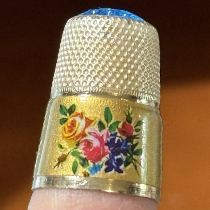 Vintage Sterling Silver Enameled Floral Thimble Sky Blue Glass Top Crown Size 7