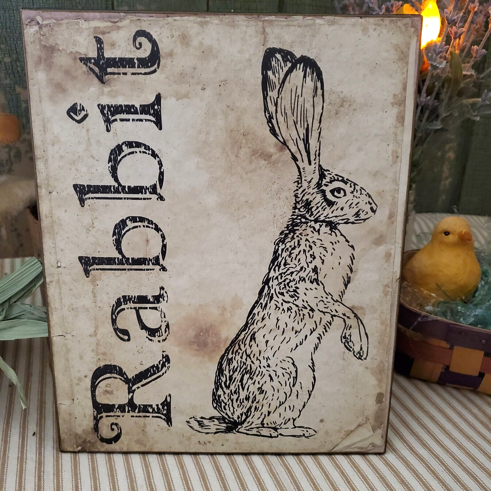 BEST PRIMITIVE VINTAGE FLASHCARD STYLE EASTER RABBIT BUNNY HANDCRAFT SIGN PLAQUE