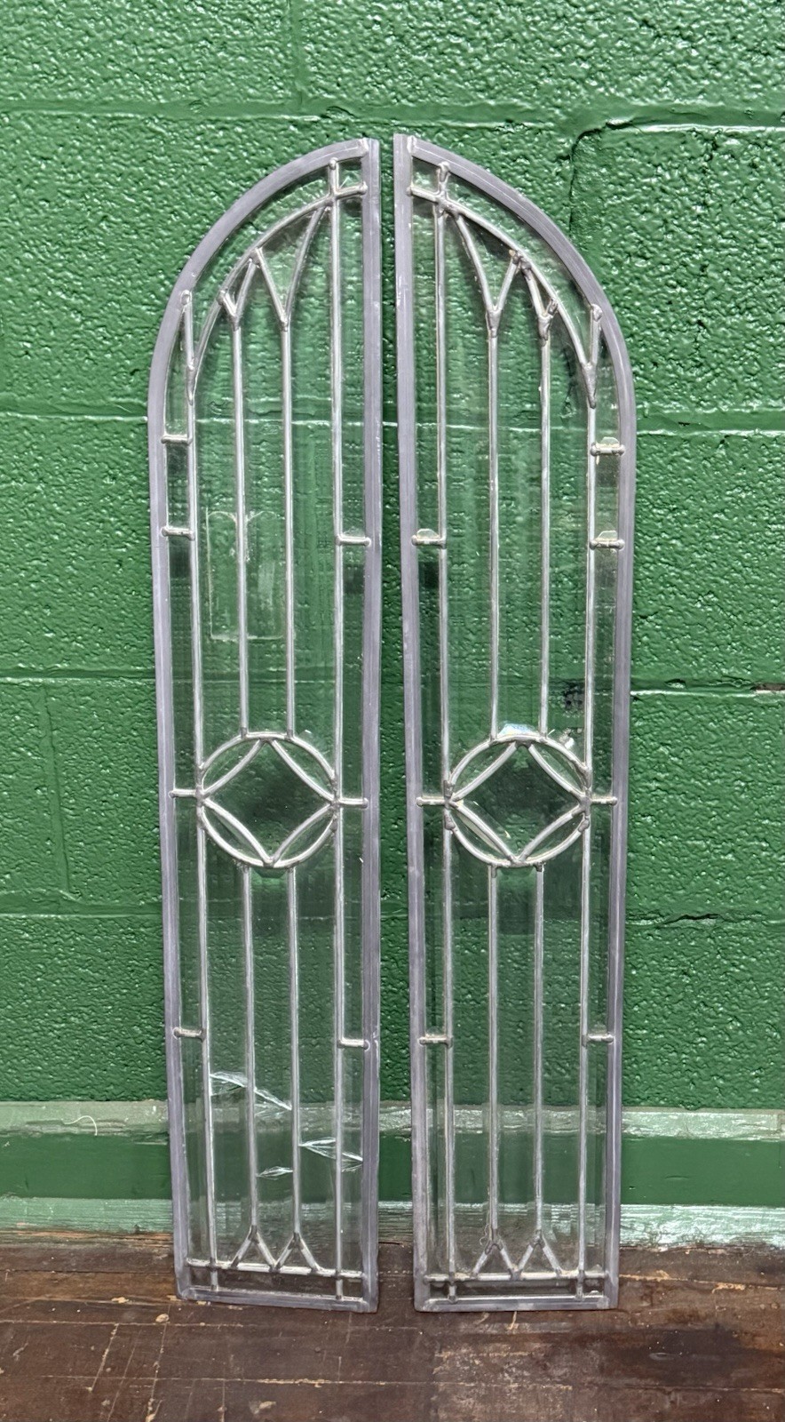 Antique Leaded Beveled Glass Gothic Arched Top Double Window 36.5″ x 6.5”ea.